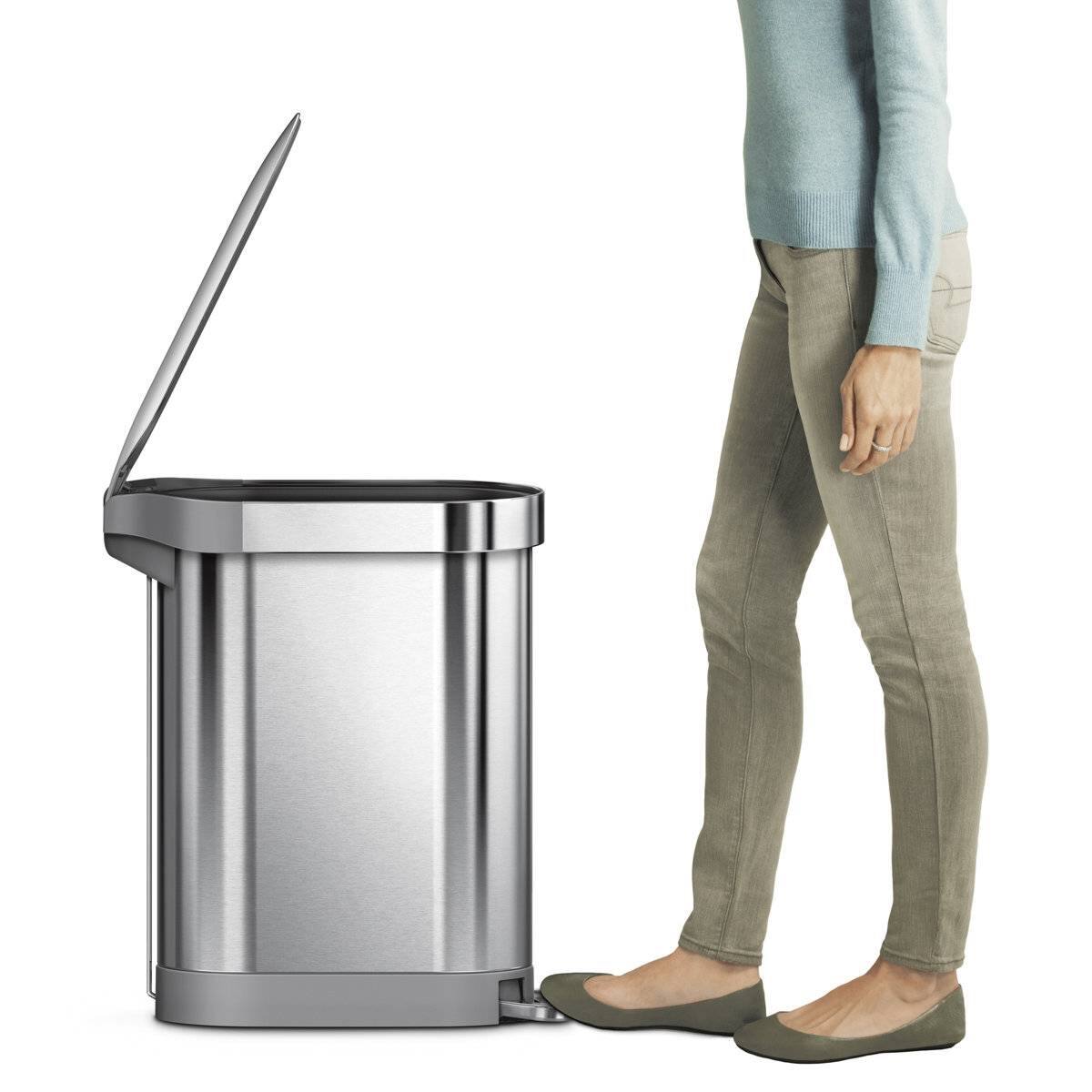 Left. SlickBlue - 12-Gallon Narrow Kitchen Trash Can in Stainless Steel, Easy Step-On Lid - Silver.