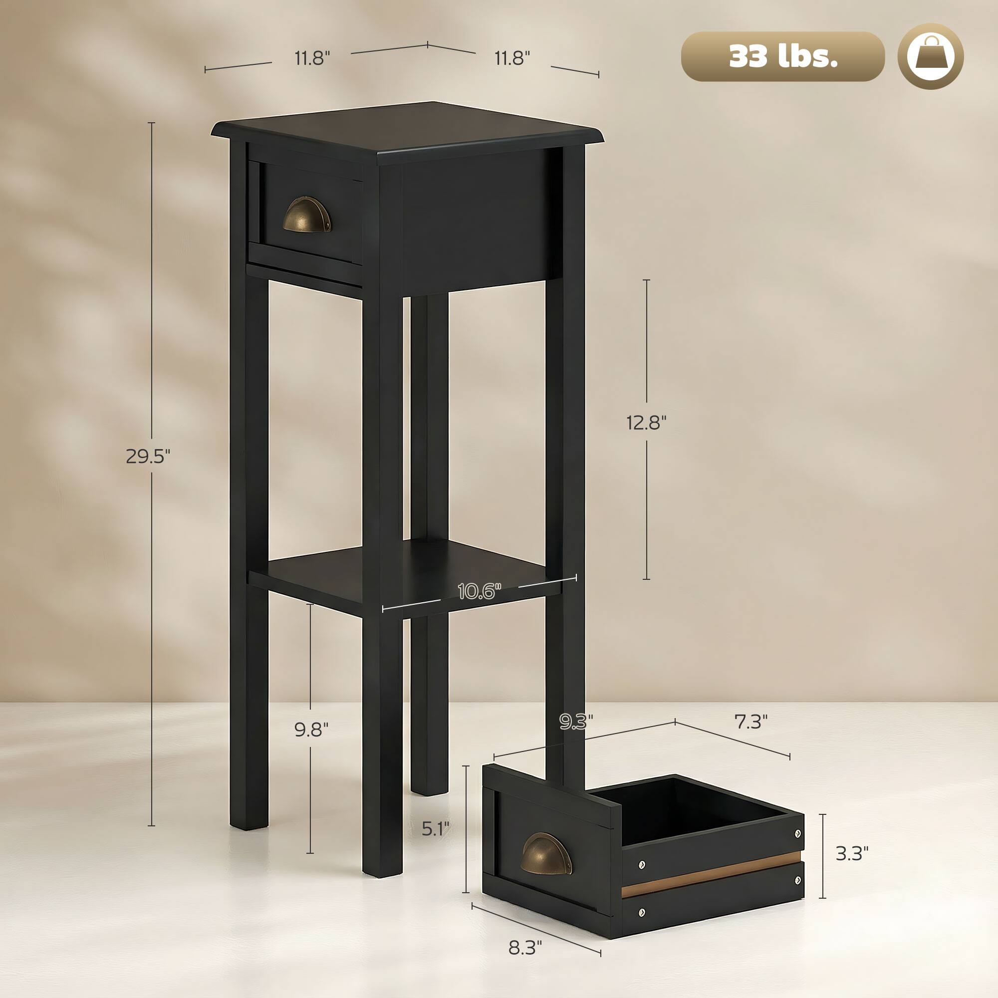 11.8" x 11.8"  
33 lbs.  
29.5"  
12.8"  
10.6"  
9.8"  
9.3"  
7.3"  
5.1"  
3.3"  
8.3"