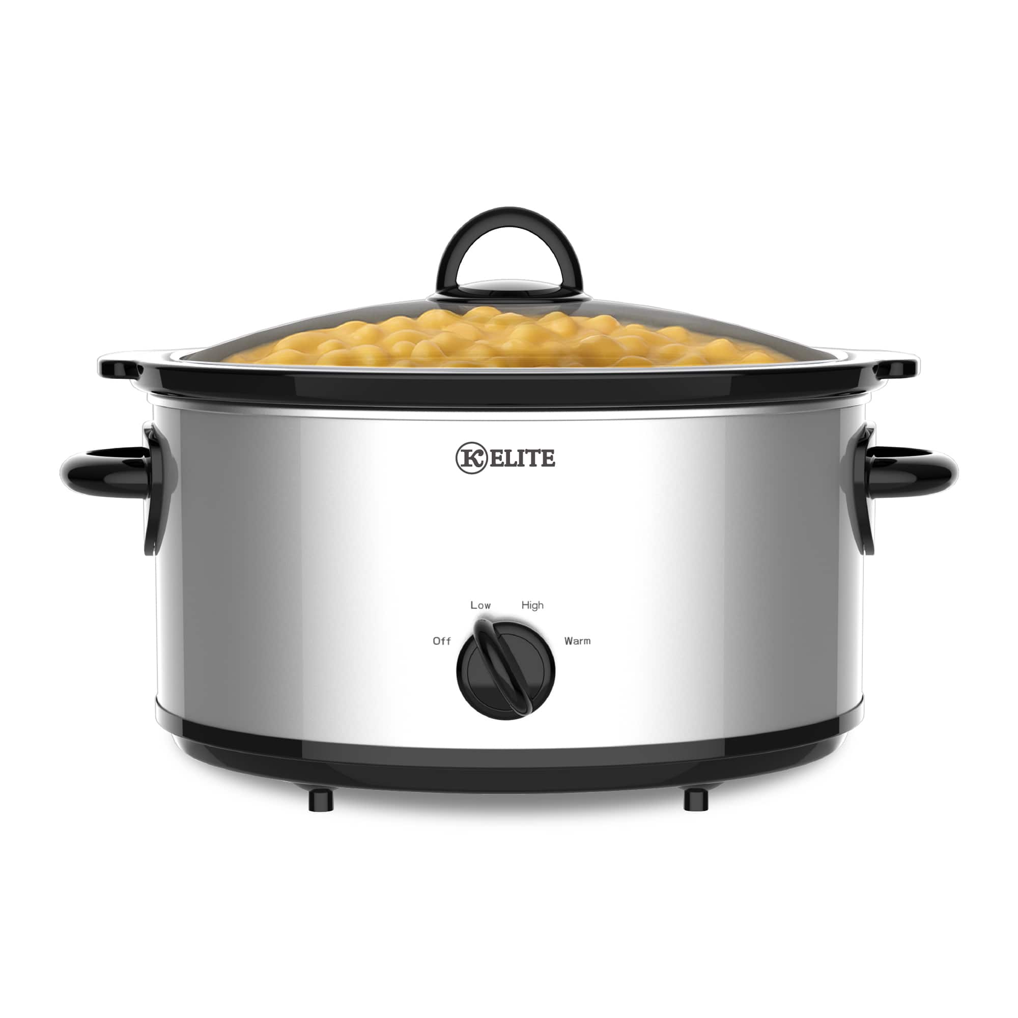 Kitchen Elite - 6 Qt Slow Cooker, Stainless Steel Ceramic Crock Pot with Glass Lid - Silver