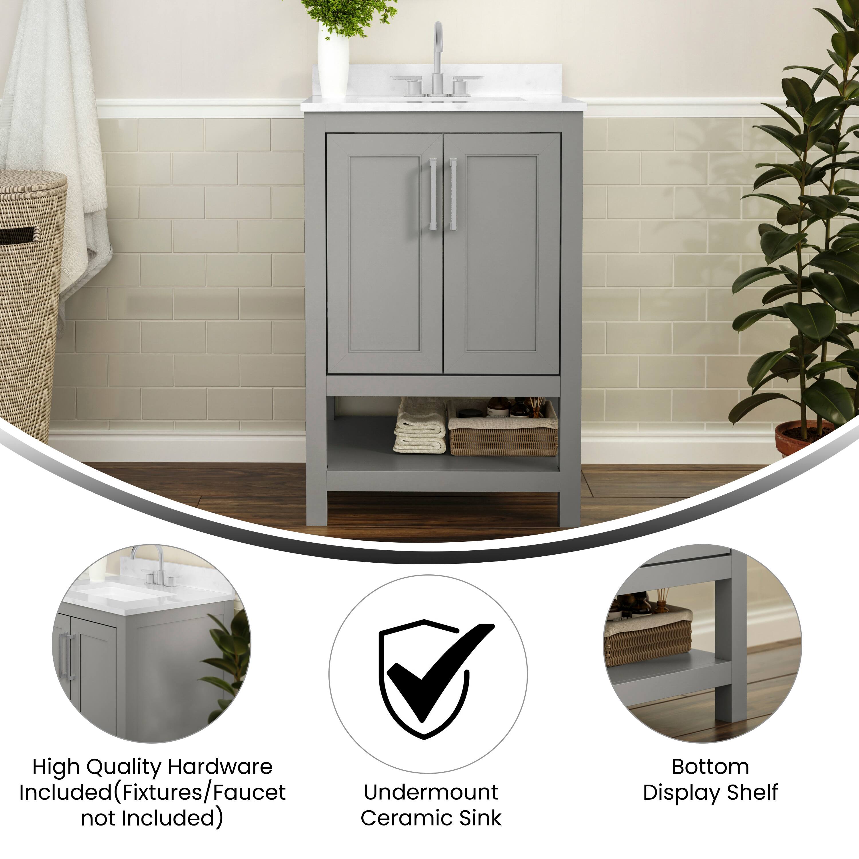 High Quality Hardware Included (Fixtures/Faucet not Included)  
Undermount Ceramic Sink  
Bottom Display Shelf