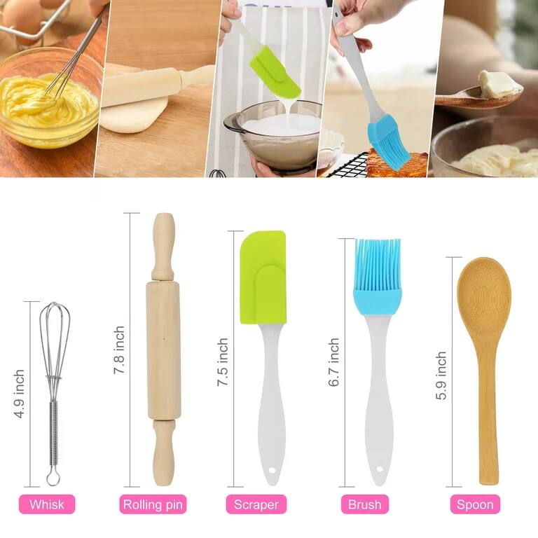 Whisk: 4.9 inch
Rolling pin: 7.8 inch
Scraper: 7.5 inch
Brush: 6.7 inch
Spoon: 5.9 inch