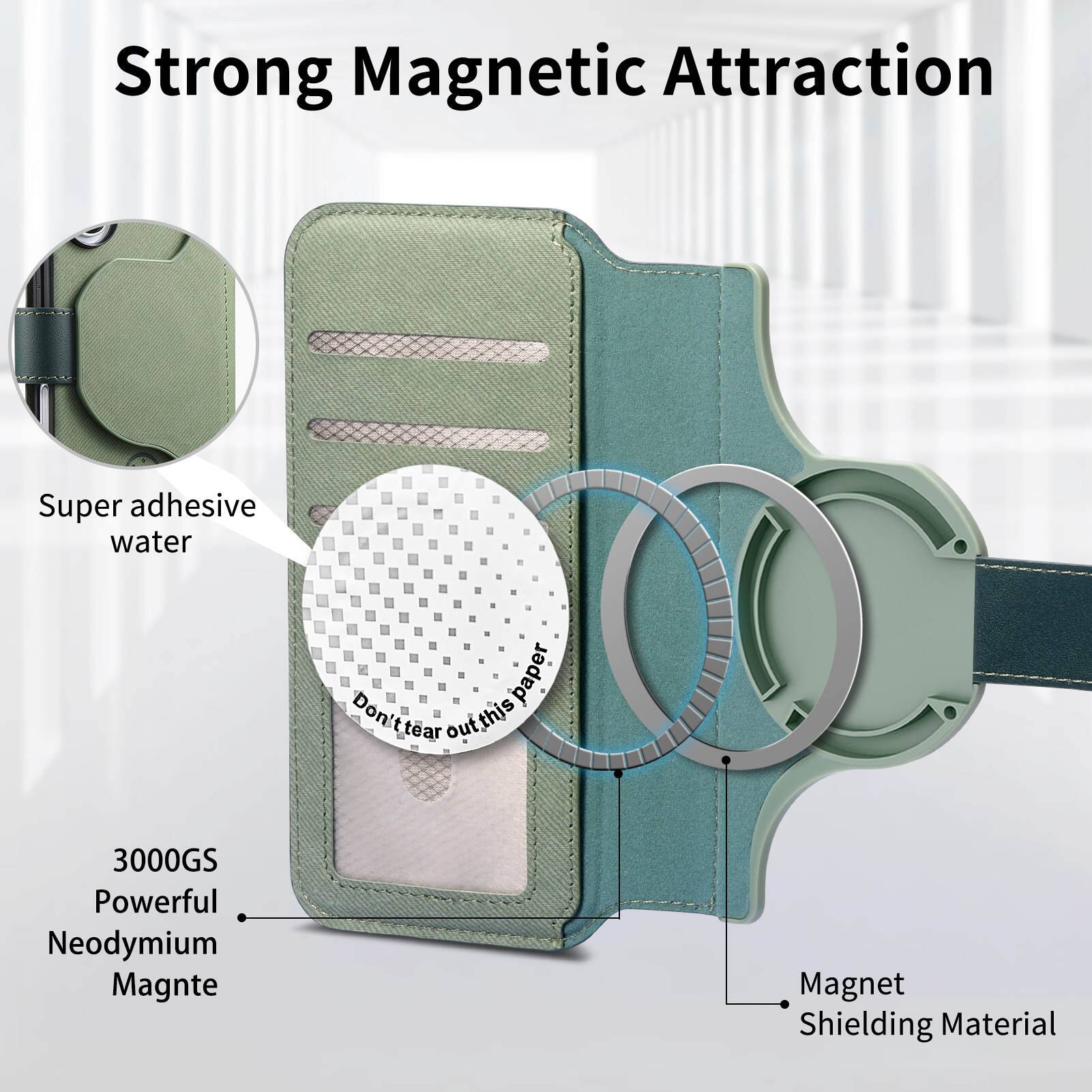Strong Magnetic Attraction  
Super adhesive water paper  
Don't tear out this paper  
3000GS Powerful Neodymium Magnet  
Magnet Shielding Material