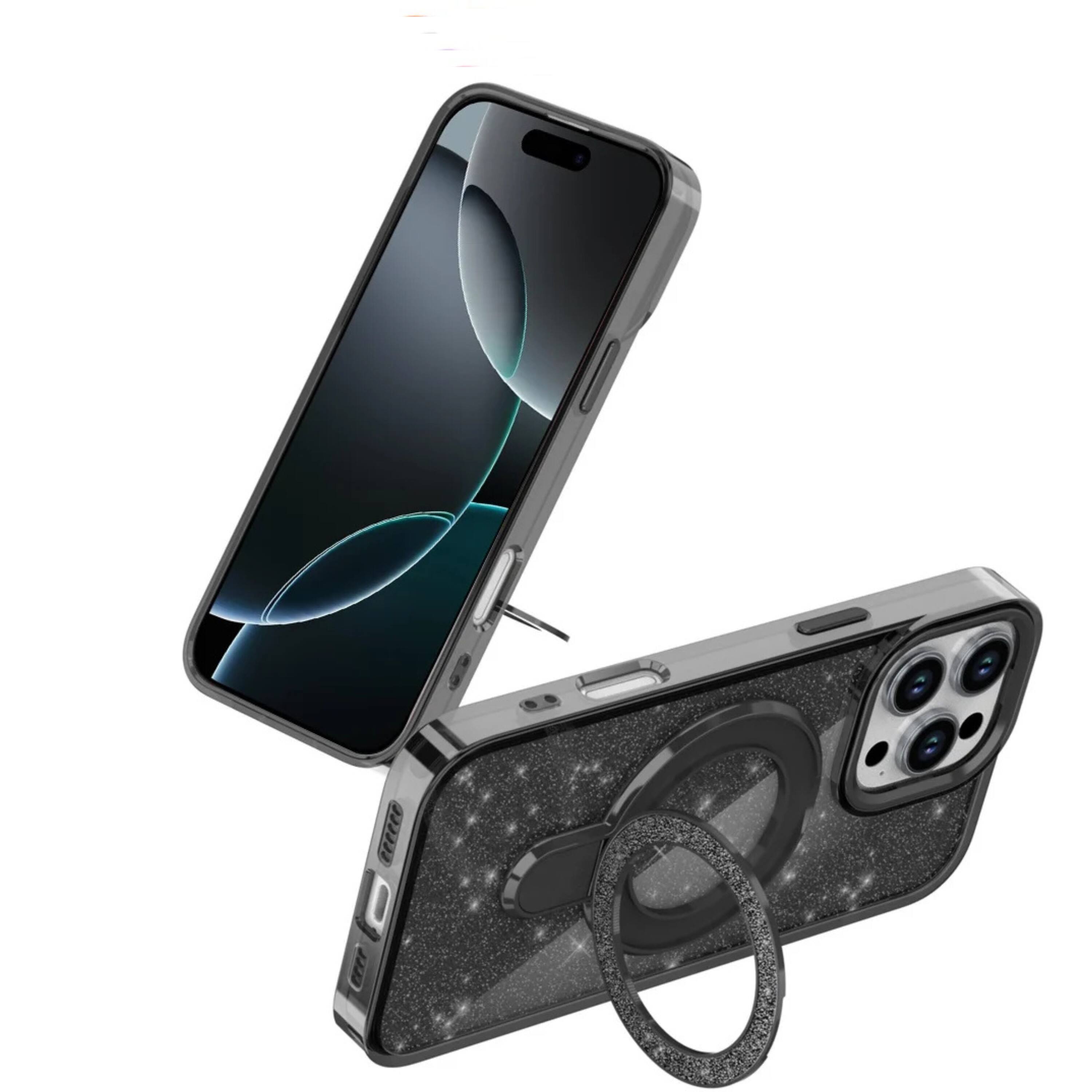 Angle. Kitcheniva - Translucent Glitter Magnetic Circle Phone Case With Tempered Glass For iPhone 16 Pro Max 6.9 Inch Black - Black.