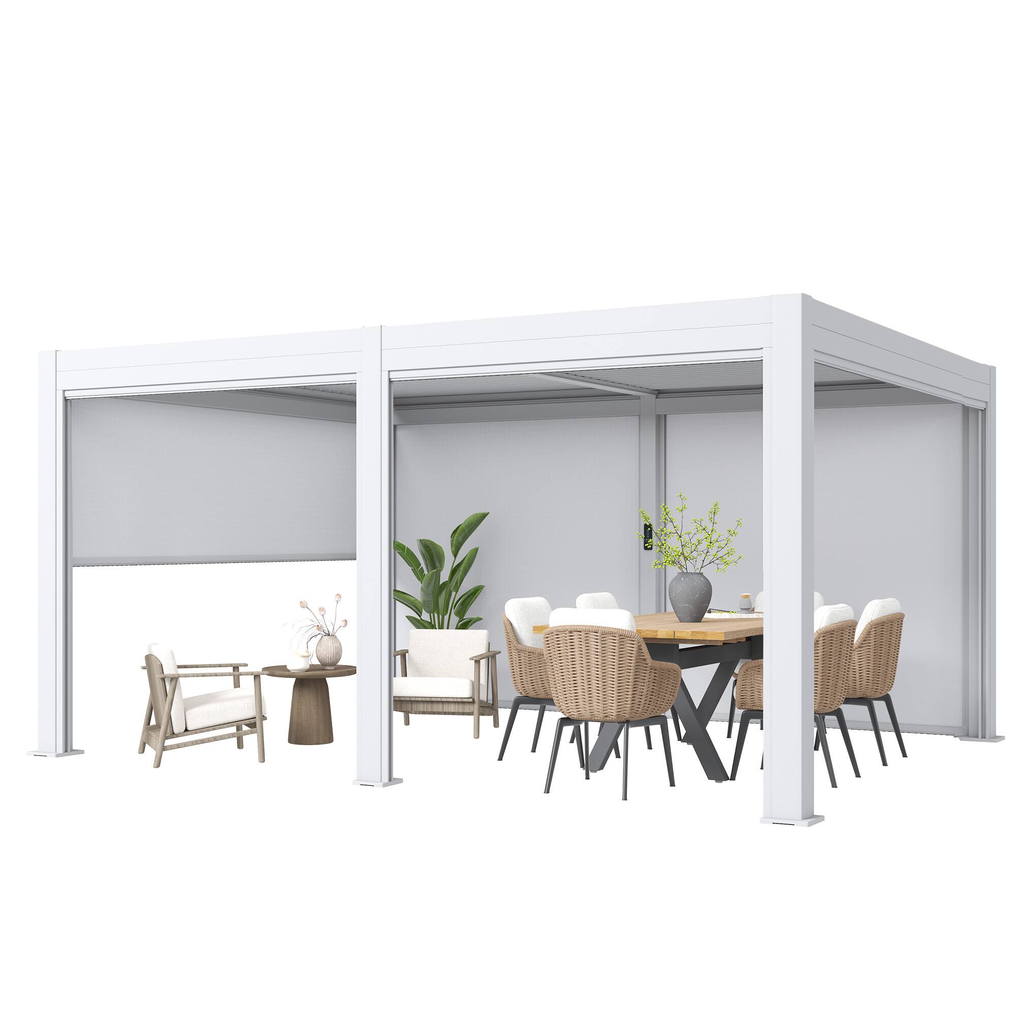 Alt View 6. U-HOMY - 12' x 16' Outdoor Pergola with LED Lights – Aluminum Gazebo, Motorized Louvers & Side Screens - White.