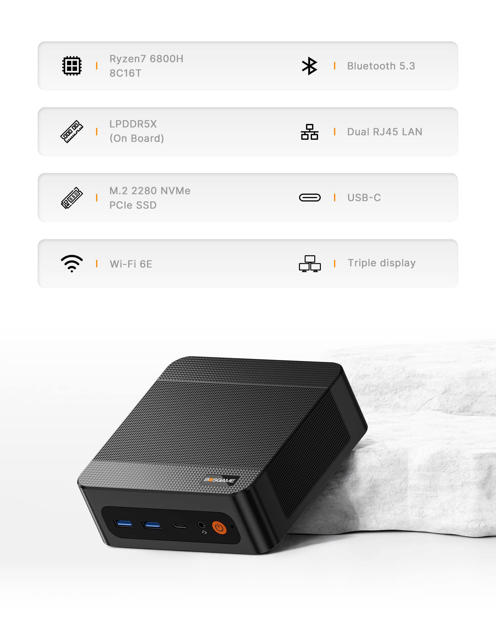 Ryzen7 6800H 8C16T  
Bluetooth 5.3  
LPDDR5X (On Board)  
Dual RJ45 LAN  
M.2 2280 NVMe PCIe SSD  
USB-C  
Wi-Fi 6E  
Triple display  
BISGAME