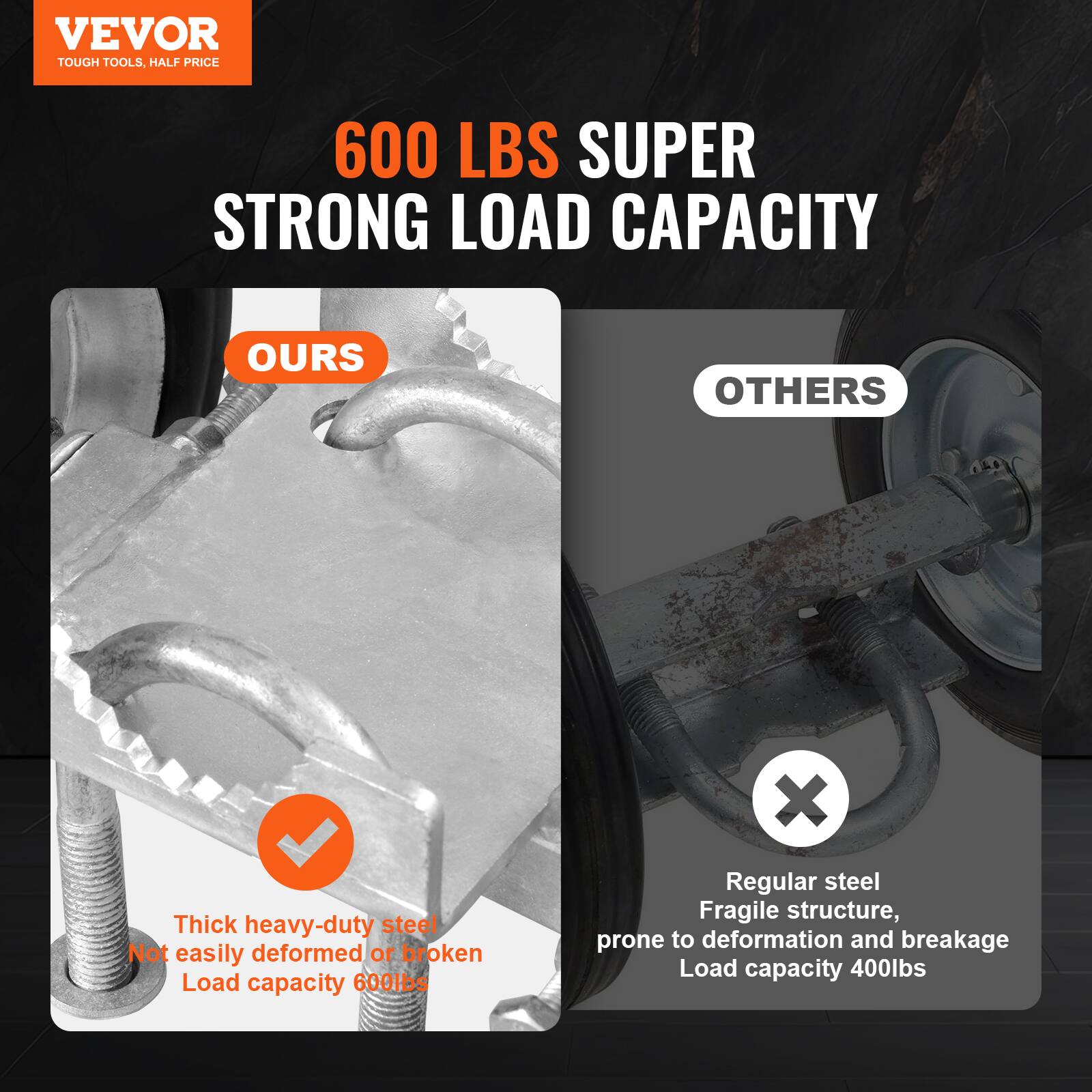VEVOR TOUGH TOOLS, HALF PRICE

600 LBS SUPER STRONG LOAD CAPACITY

OURS
- Thick heavy-duty steel
- Not easily deformed or broken
- Load capacity 600lbs

OTHERS
- Regular steel
- Fragile structure, prone to deformation and breakage
- Load capacity 400lbs