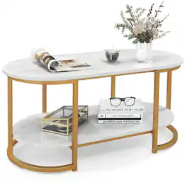 Costway - White Marble Coffee Table Modern 2-Tier Center Table with Open Storage Shelf - White and Gold