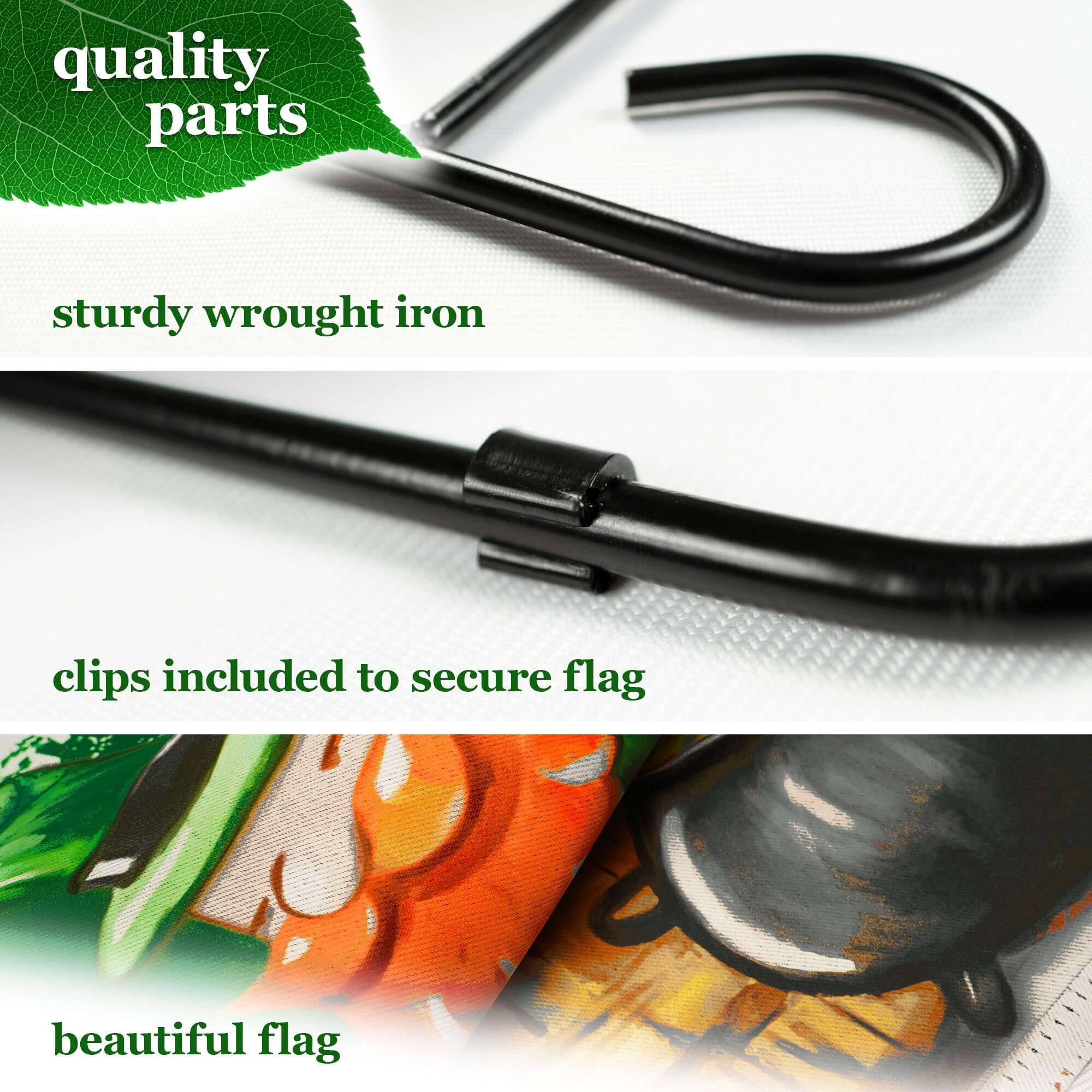 quality parts  
sturdy wrought iron  
clips included to secure flag  
beautiful flag