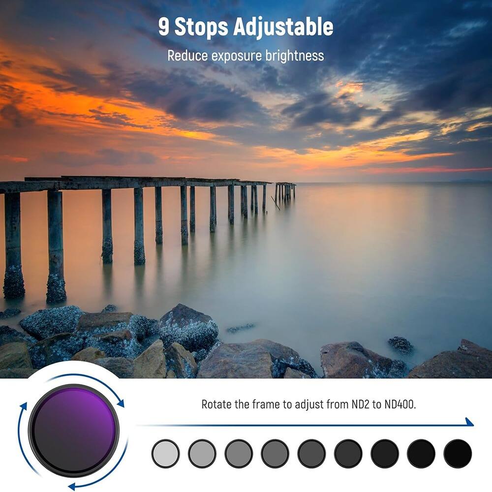 Schertz - 67mm Variable ND2-400 (1–9 Stops) Filter – Adjustable Neutral Density, Multicoated Glass with Cap & Cleaning Cloth