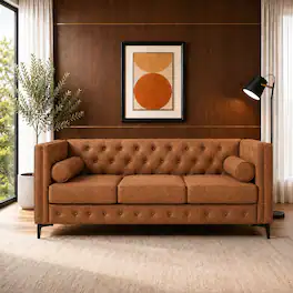 Loheer - 78.5-Inch Brown Faux Leather Sofa, Mid-Century Modern 3-Seater Couch with Button Tufted Deep Seat - Brown