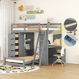 Tiramisubest - Gray Twin over Twin Bunk Bed with LED, USB, Drawers, Shelves & Desk - Gray