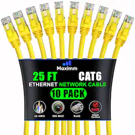 Maximm - Cat 6 Ethernet Cable 25 ft (10-Pack) - UTP, 10Gbps, 550MHz