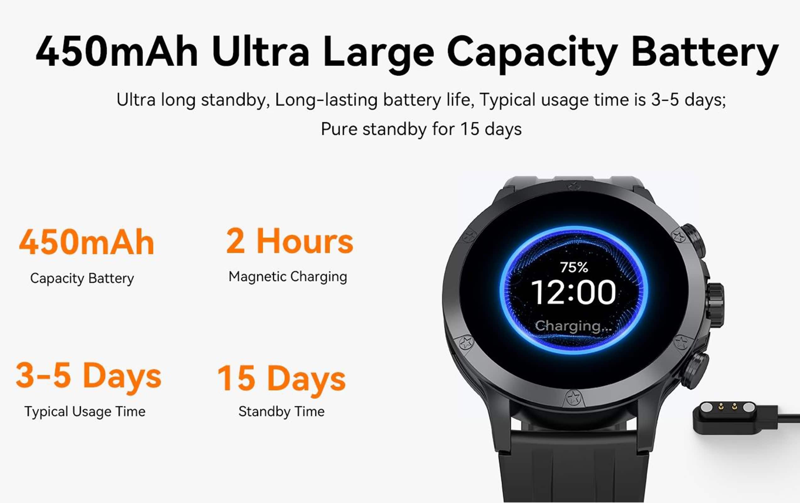 450mAh Ultra Large Capacity Battery:
* Ultra long standby
* Long-lasting battery life
* Typical usage time is 3-5 days
* Pure standby for 15 days
450mAh Capacity Battery:
* 2 Hours Magnetic Charging
* 75% 12:00 Charging...
* 3-5 Days Typical Usage Time
* 15 Days Standby Time