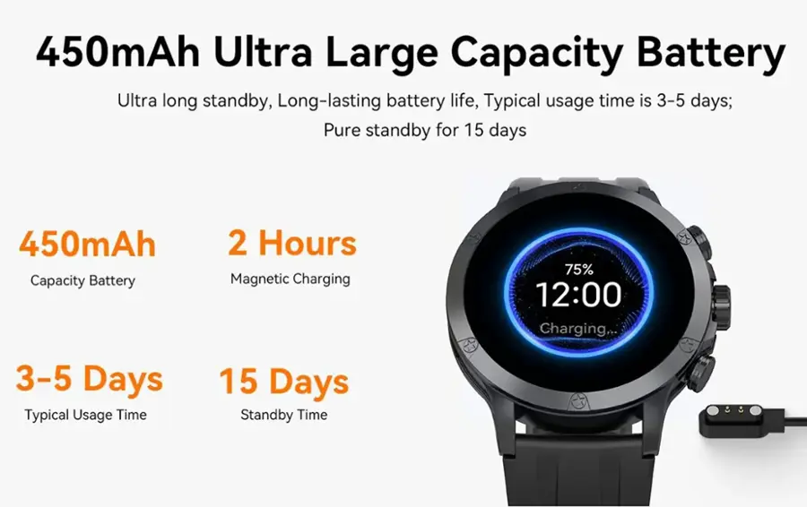450mAh Ultra Large Capacity Battery:

* Ultra long standby
* Long-lasting battery life
* Typical usage time is 3-5 days
* Pure standby for 15 days

450mAh Capacity Battery:

* 2 Hours Magnetic Charging
* 75% 12:00 Charging...
* 3-5 Days Typical Usage Time
* 15 Days Standby Time