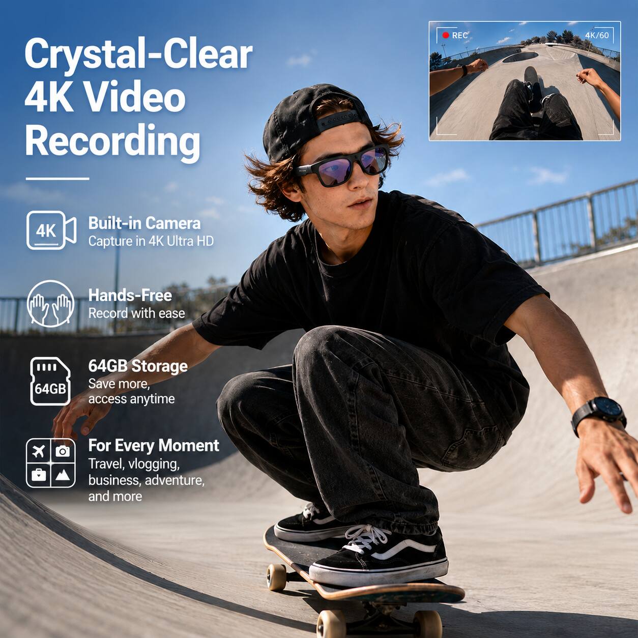 Crystal-Clear 4K Video Recording

Built-in Camera
Capture in 4K Ultra HD

Hands-Free
Record with ease

64GB Storage
Save more, access anytime

For Every Moment
Travel, vlogging, business, adventure, and more
