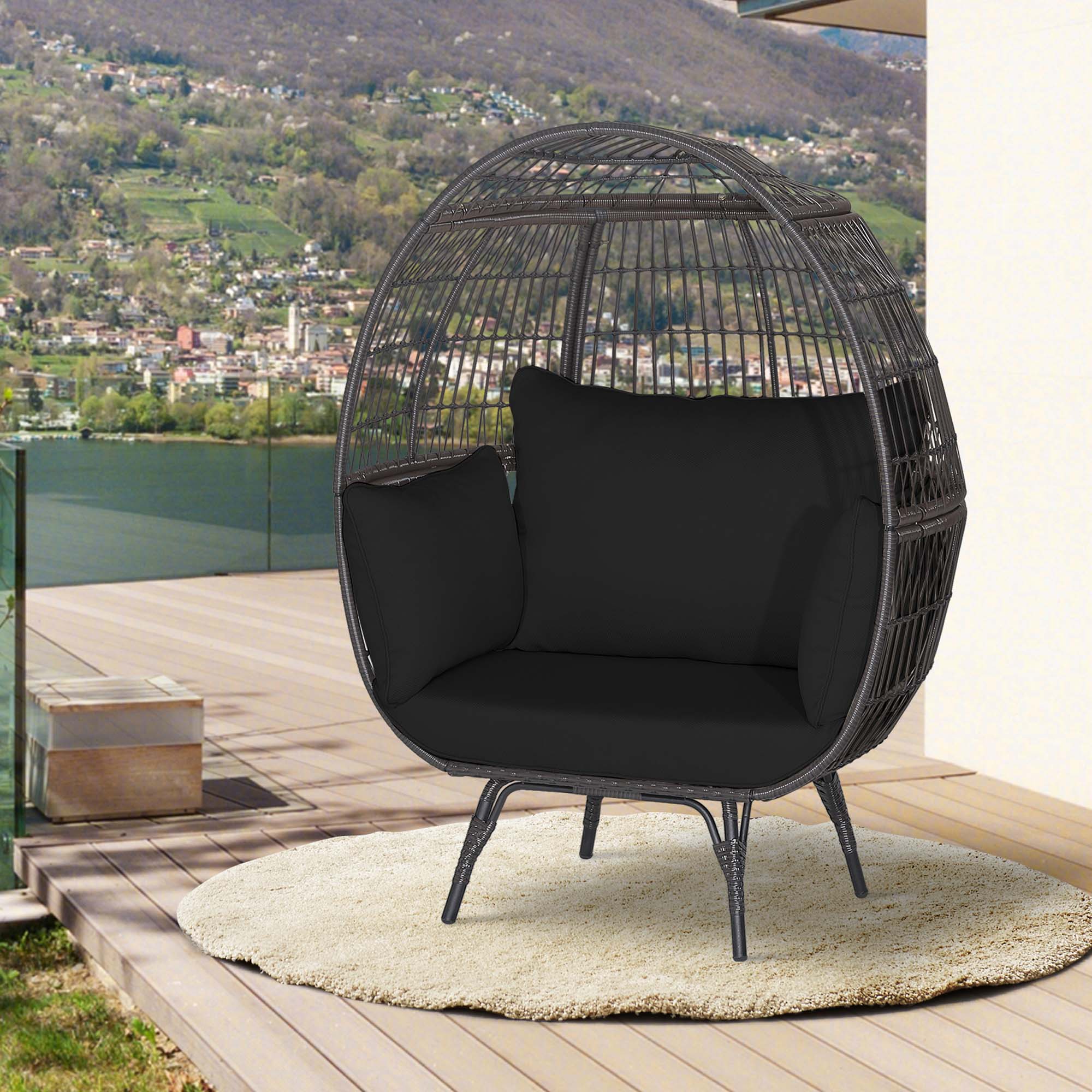 Alt View 1. Costway - Costway Patio Oversized Rattan Wicker Egg Chair Lounge Basket 4 Cushion Indoor & Outdoor - Black.