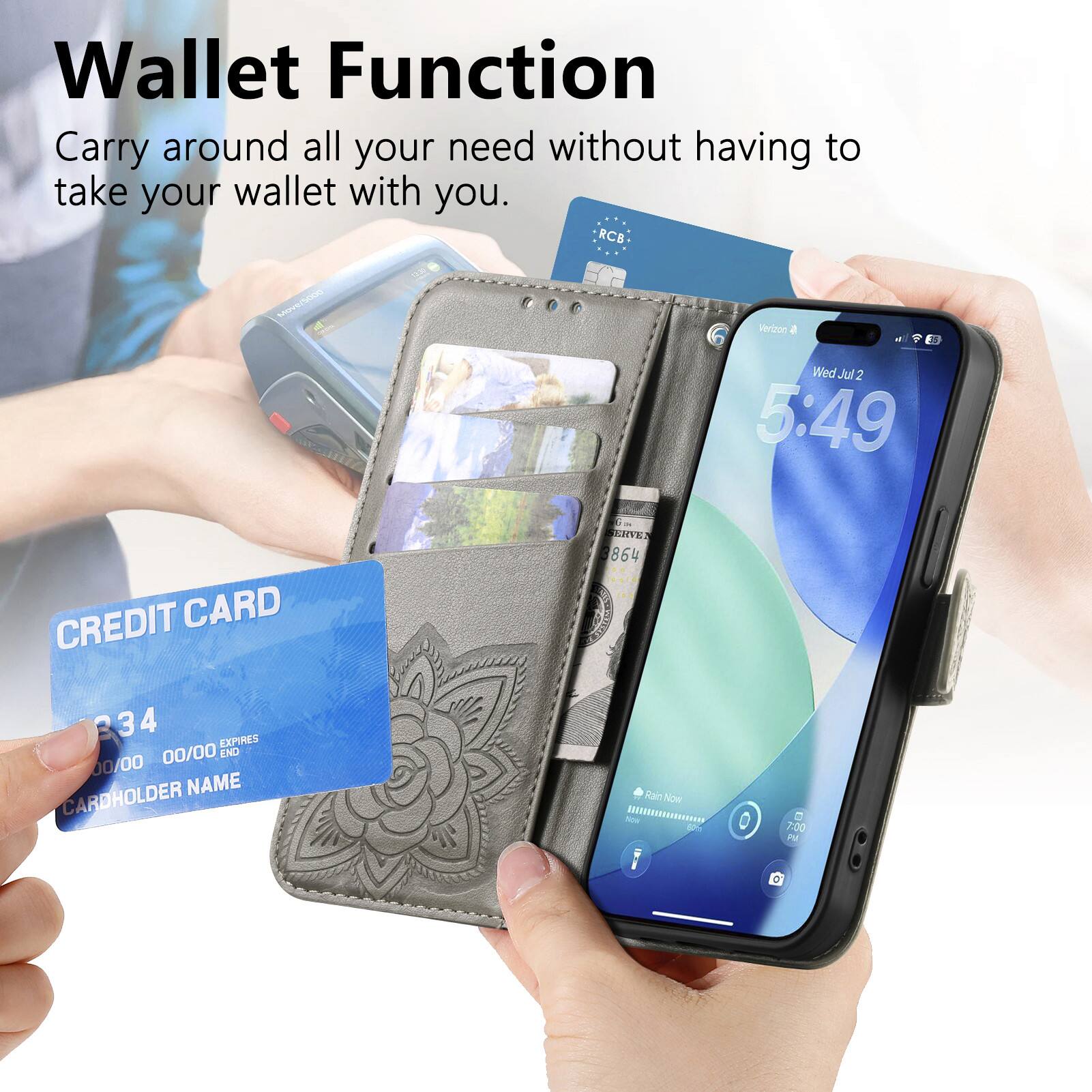 Wallet Function  
Carry around all your need without having to take your wallet with you.  

CREDIT CARD  
864 334  
EXPIRES 00/00  
END 00/00  
CARDHOLDER NAME  

Wed Jul 2  
5:49  

Rain Now  
7:00 PM