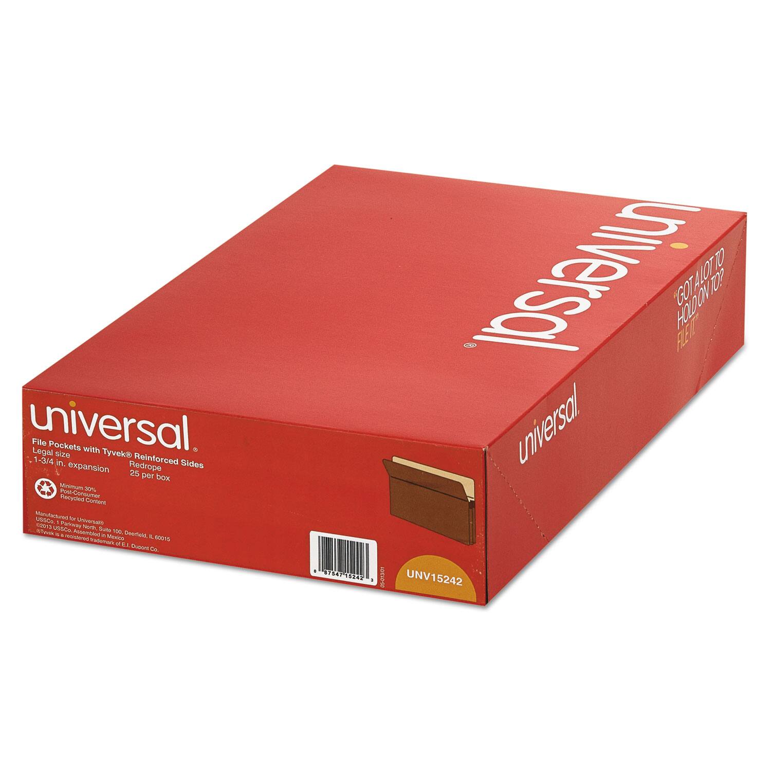 Universal File Pockets with Tyvek® Reinforced 1-3/4 in. Expansion Redrope Sides Legal size 25 per box Minimum 30% Recycled Content Manufactured by Universal, Inc. 100 Delaware Dr., Lumberton, NC 28358-0015 Tyvek® is a registered trademark of E. I. DuPont de Nemours & Co. UNV15242