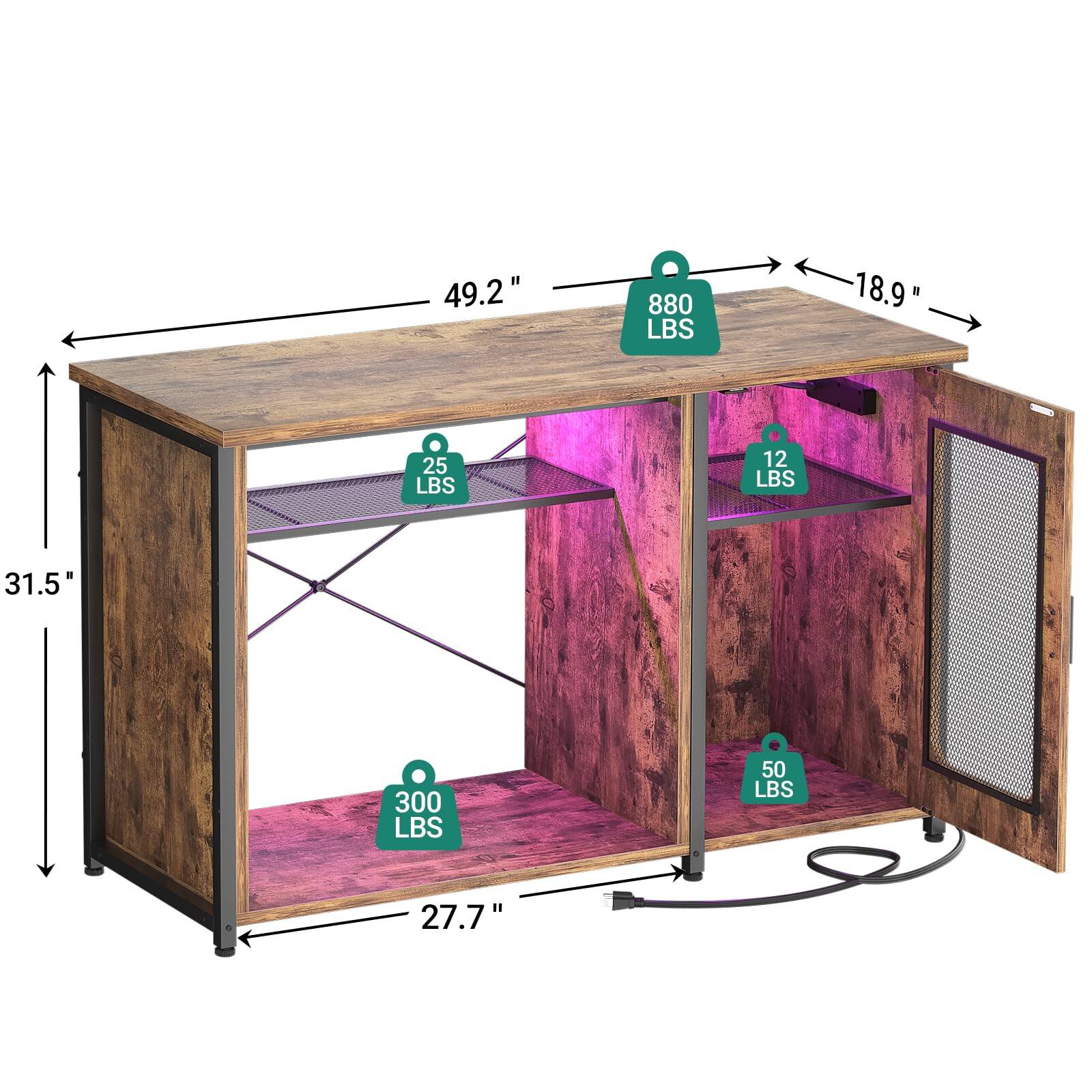 49.2" x 18.9" x 31.5" x 27.7"  
880 LBS (top)  
25 LBS (middle shelf)  
12 LBS (bottom shelf)  
300 LBS (bottom)  
50 LBS (door)