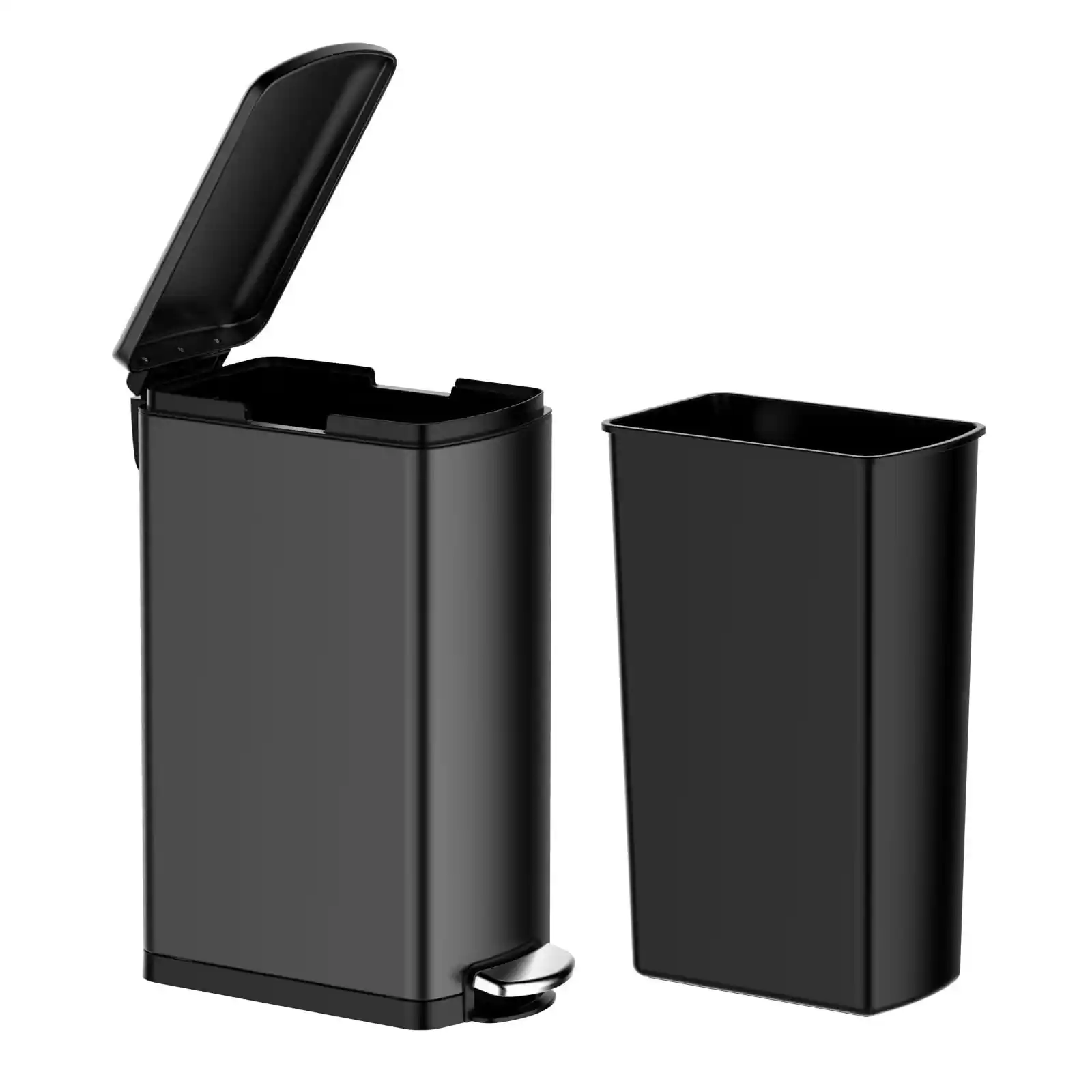 Jojoka - 8 Gallon Slim Stainless Steel Kitchen Trash Can with Soft-Close Lid & Removable Inner Bucket, Rectangular - Black