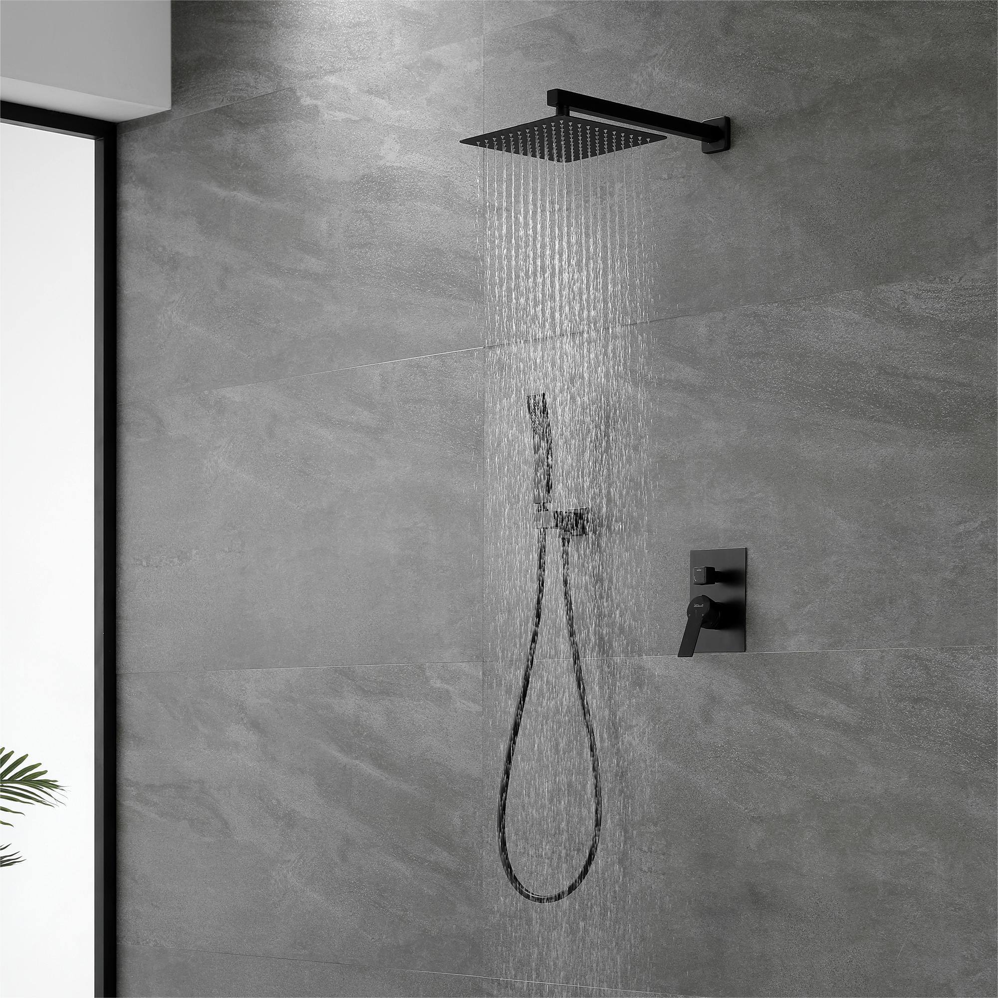 Left. Boyel Living - 1-Spray Patterns with 2.5 GPM 10 in. Wall Mount Dual Shower Heads with Pressure Balance Valve in Matte Black - Matte Black.