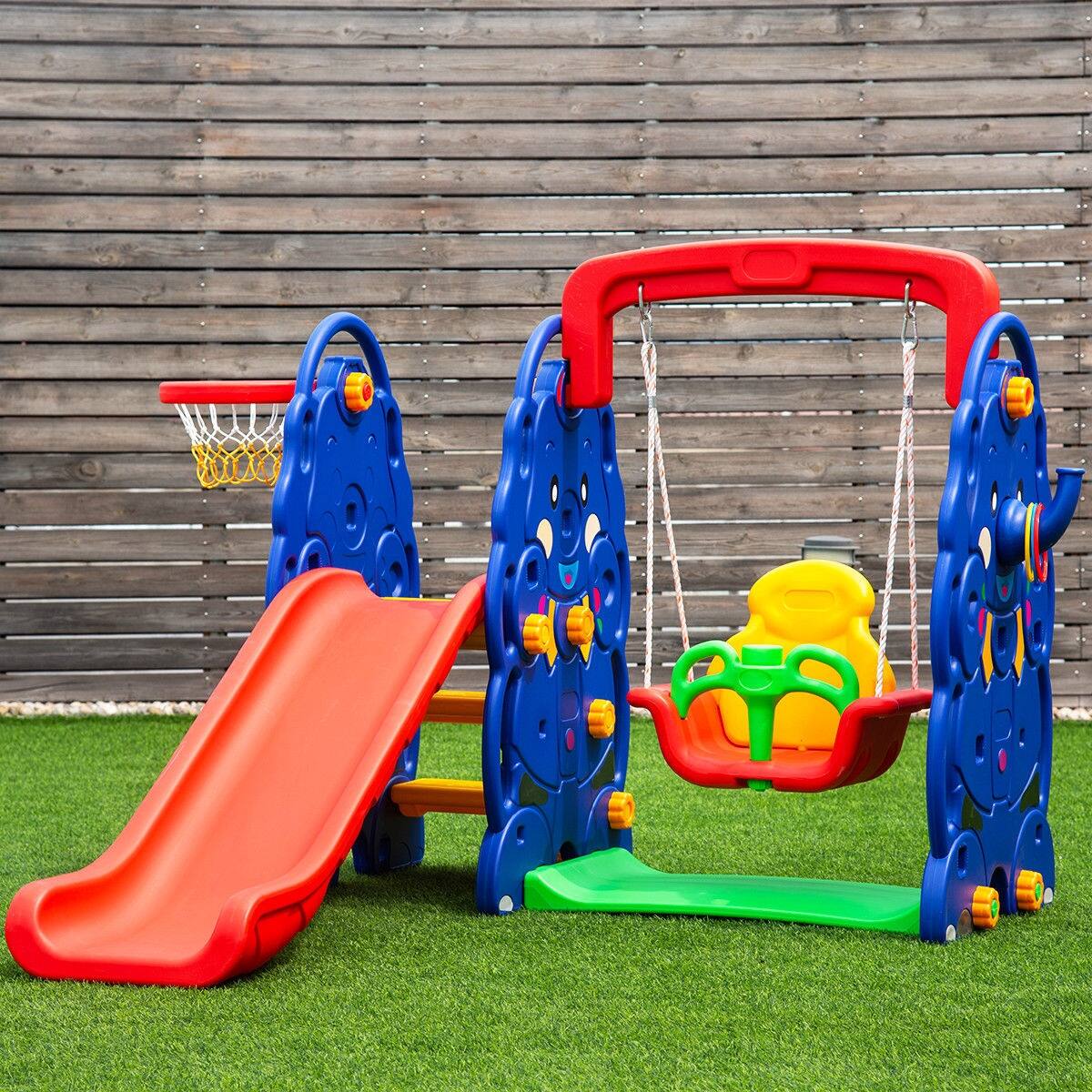 Angle. SlickBlue - 3-in-1 Junior Kids Climber with Slide, Swing Seat, and Basketball Hoop - HDPE.