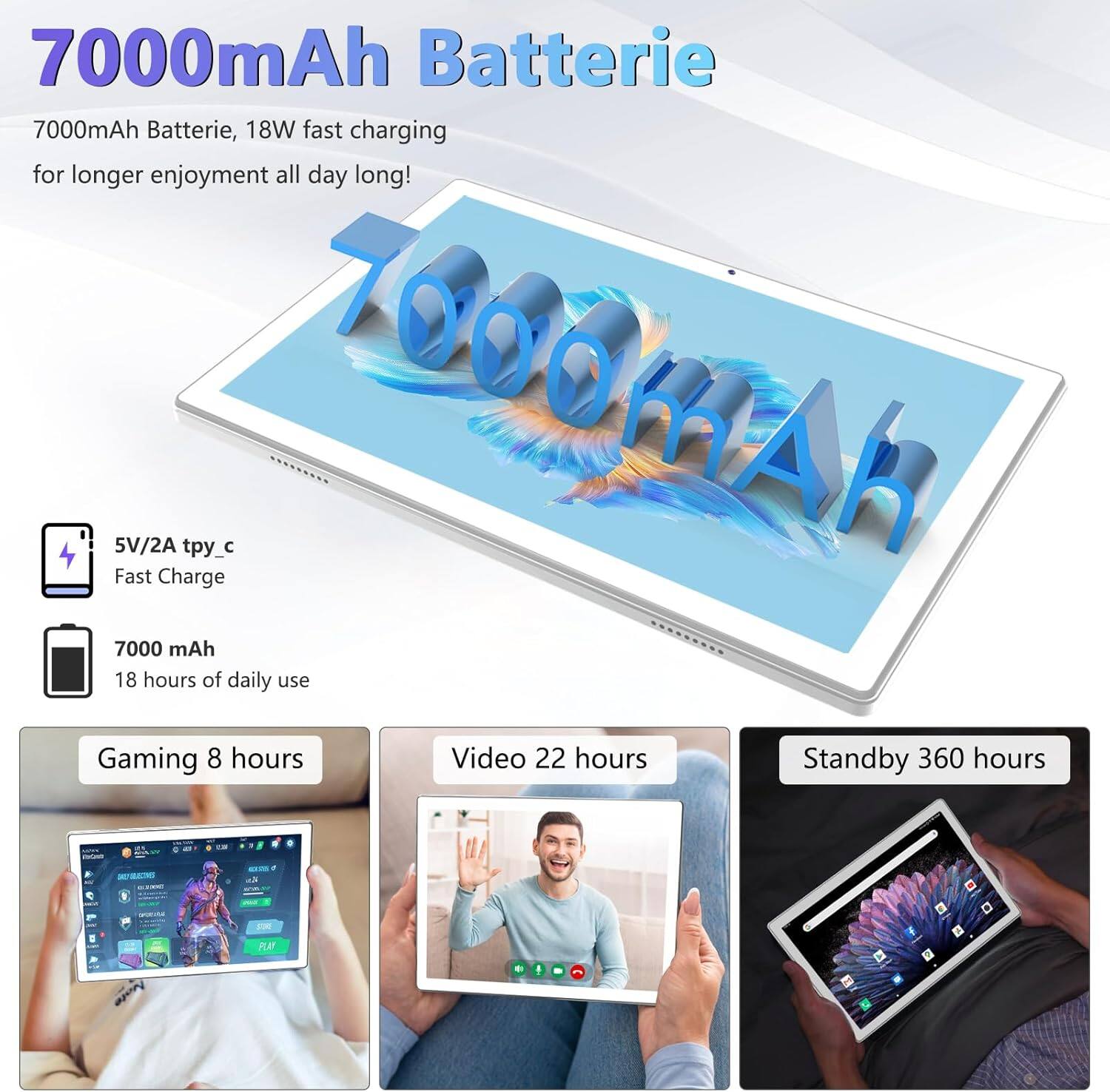 7000mAh Batterie  
7000mAh Batterie, 18W fast charging for longer enjoyment all day long!  
5V/2A tpy_c  
Fast Charge  
7000 mAh  
18 hours of daily use  
Gaming 8 hours  
Video 22 hours  
Standby 360 hours