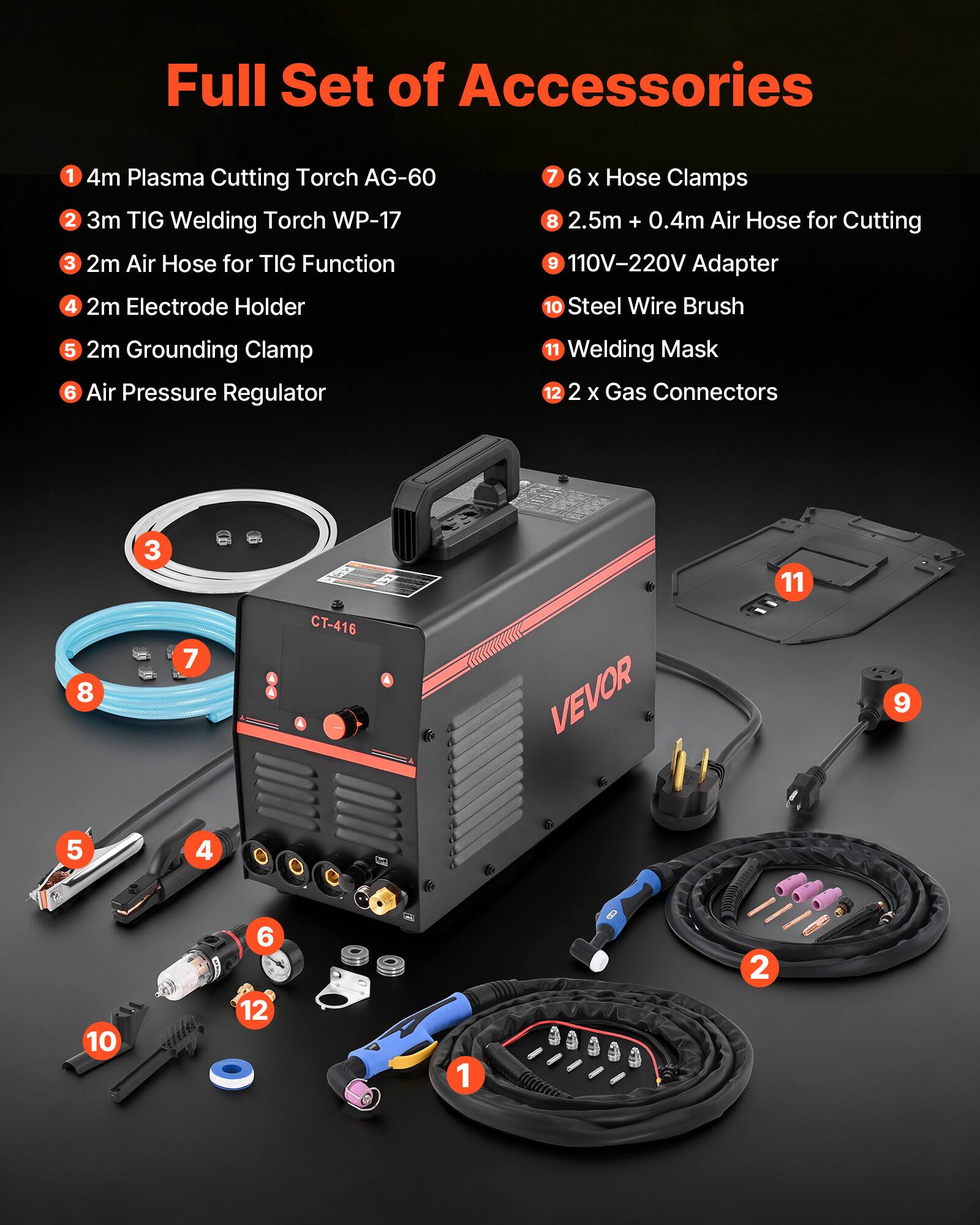 Full Set of Accessories

1. 4m Plasma Cutting Torch AG-60
2. 3m TIG Welding Torch WP-17
3. 2m Air Hose for TIG Function
4. 2m Electrode Holder
5. 2m Grounding Clamp
6. Air Pressure Regulator
7. 6 x Hose Clamps
8. 2.5m + 0.4m Air Hose for Cutting
9. 110V-220V Adapter
10. Steel Wire Brush
11. Welding Mask
12. 2 x Gas Connectors