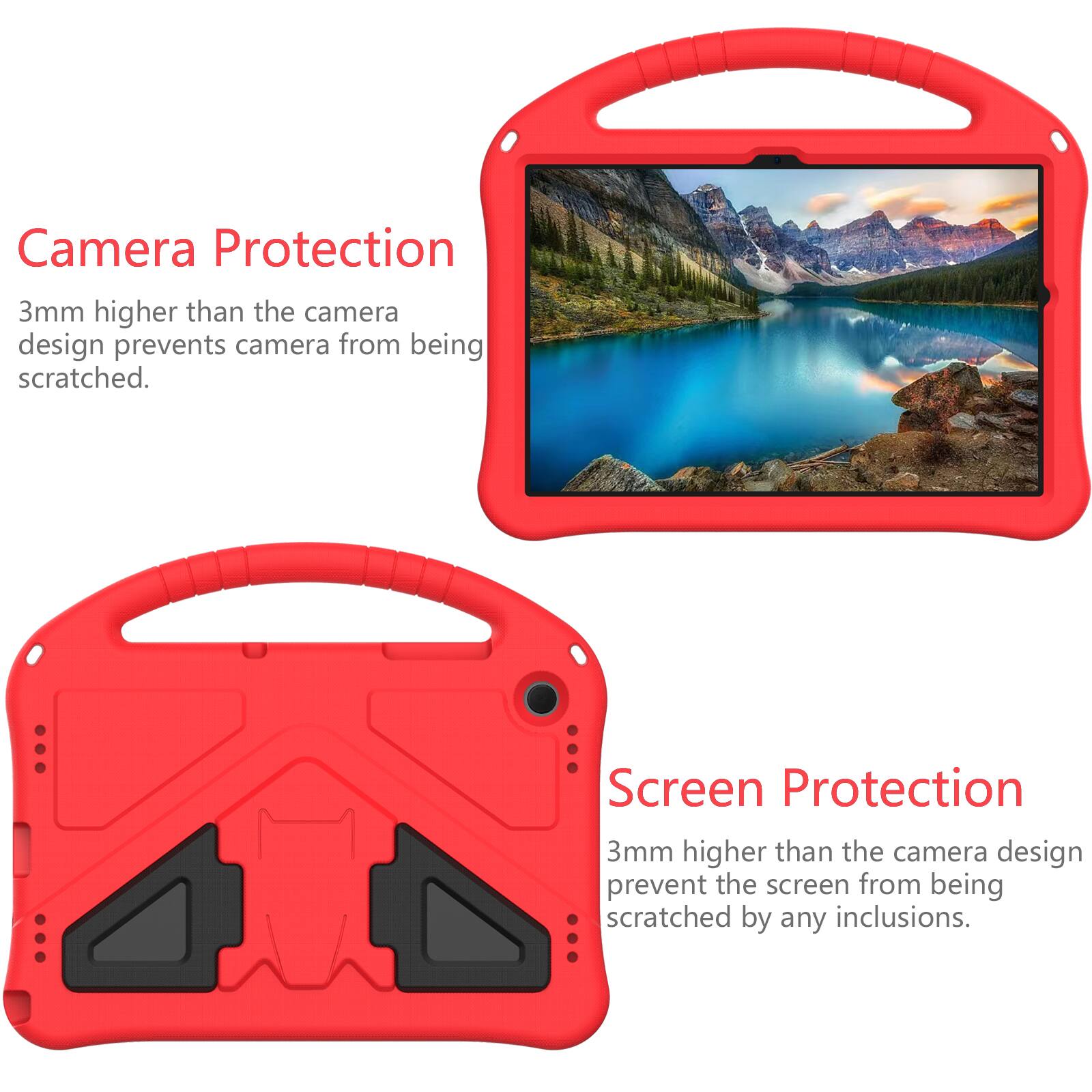 Camera Protection  
3mm higher than the camera design prevents camera from being scratched.  

Screen Protection  
3mm higher than the camera design prevent the screen from being scratched by any inclusions.