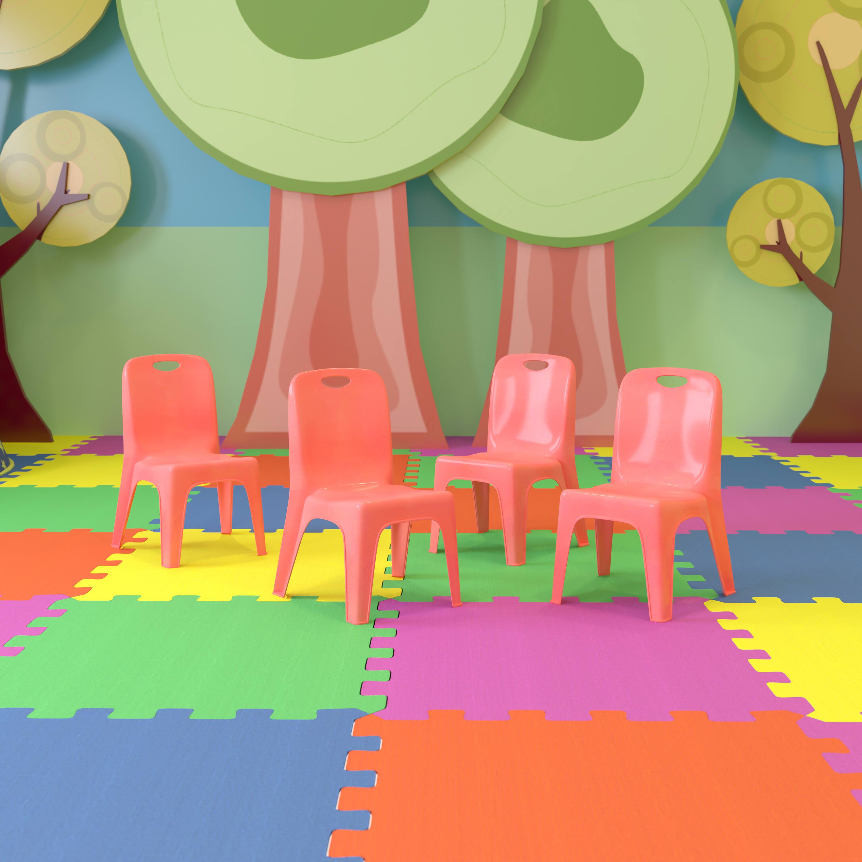 Alt View 2. Emma + Oliver - 4 Pack Plastic Stack School Chair with Carrying Handle and 11" Seat Height - Red.