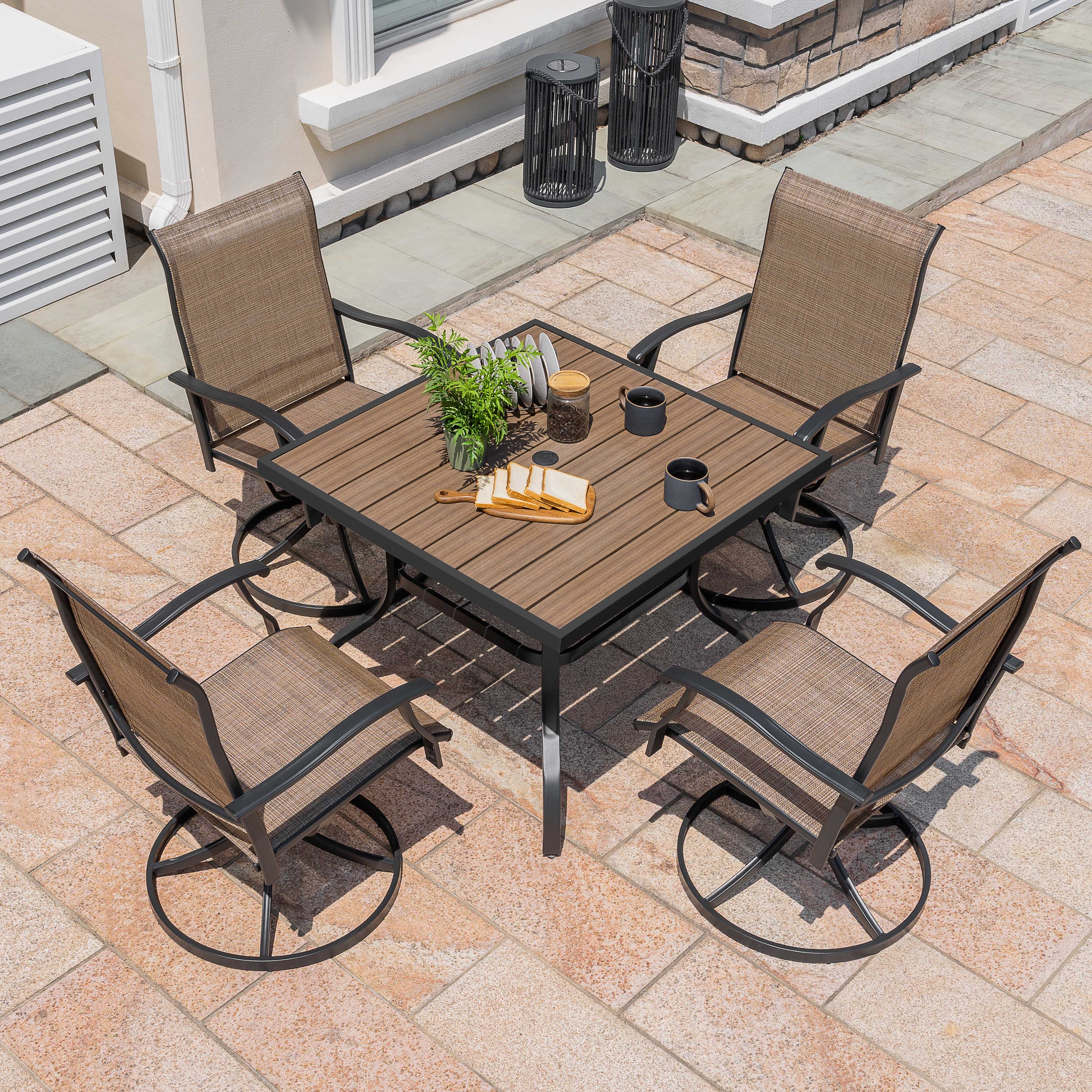 Angle. Nuu Garden - 5-Piece Patio Outdoor Textilene and Metal Dining Set with Umbrella Hole - Brown and Black.