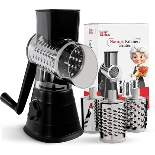 Nonni's - Rotary Cheese Grater with Handle – 3-Blade Manual Shredder, Suction Base, 3-in-1 Food & Vegetable Slicer