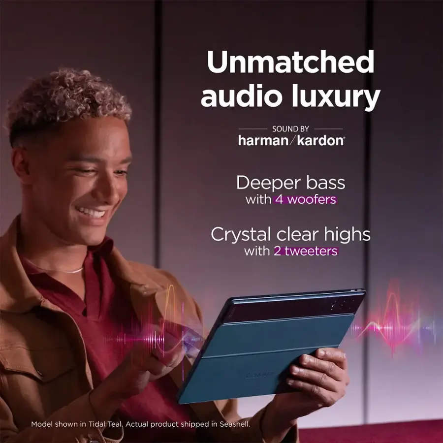 Unmatched audio luxury by harman/kardon: Deeper bass with 4 woofers and crystal clear highs with 2 tweeters. The model shown in Tidal Teal, but the actual product is shipped in Seashell.