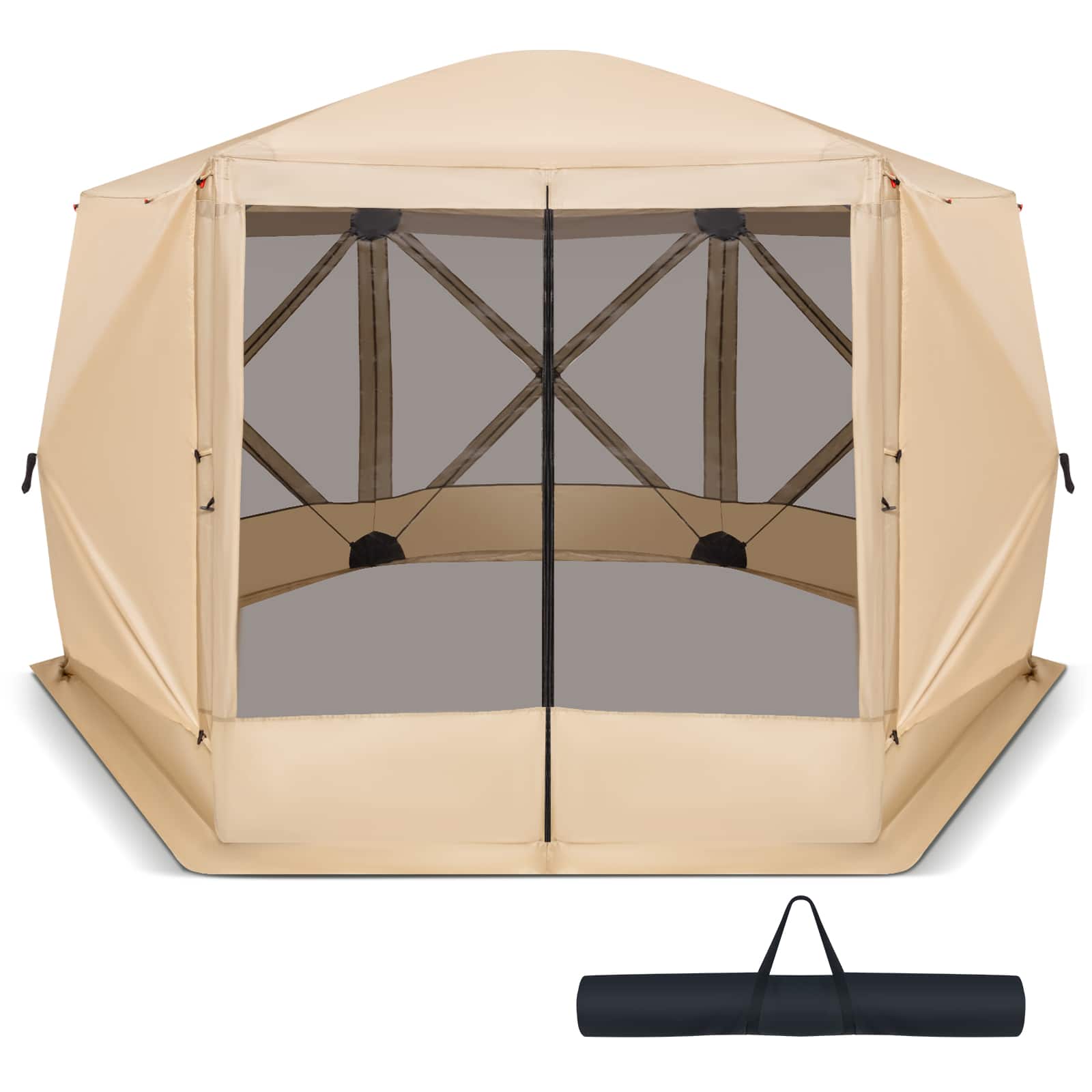 Front. Costway - 11.5 X 11.5 FT 6-Sided Pop-up Screen House Tent With 2 Wind Panels for Camping - Coffee.
