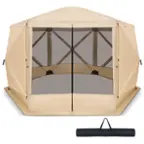 Front. Costway - 11.5 X 11.5 FT 6-Sided Pop-up Screen House Tent With 2 Wind Panels for Camping - Coffee.