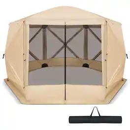 Costway - 11.5 X 11.5 FT 6-Sided Pop-up Screen House Tent With 2 Wind Panels for Camping - Coffee