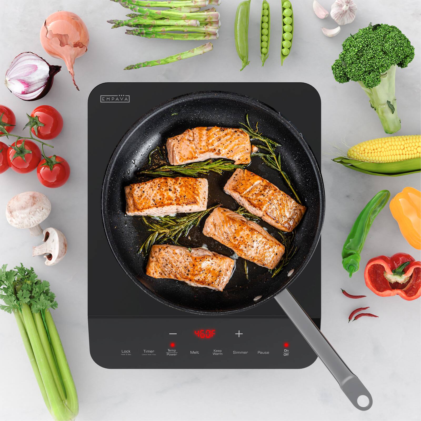 The text on the image reads "EMPAVA 9 O Do - 460F + Lock - Timer - Semp Powtr Melt N narm nemmnt Pause Cn LET." This text is likely a description or instructions for using the cooking appliance, such as a microwave or oven, to cook the fish.