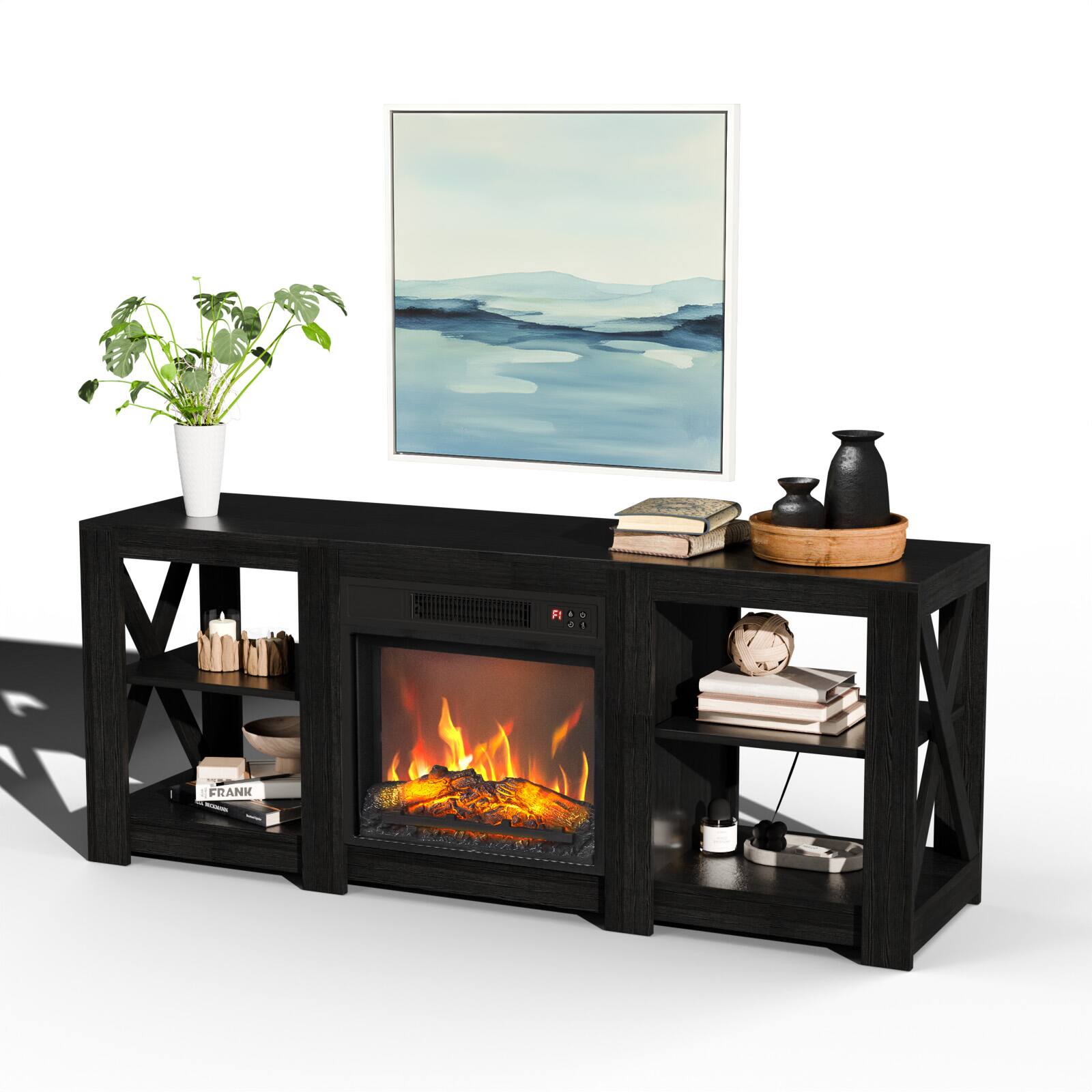 Alt View 1. Winado - 59" Electric Fireplace TV Stand with Remoted 18" Fireplace Storage Cabinet Shelves for TVs Up to 65 inch - Black.