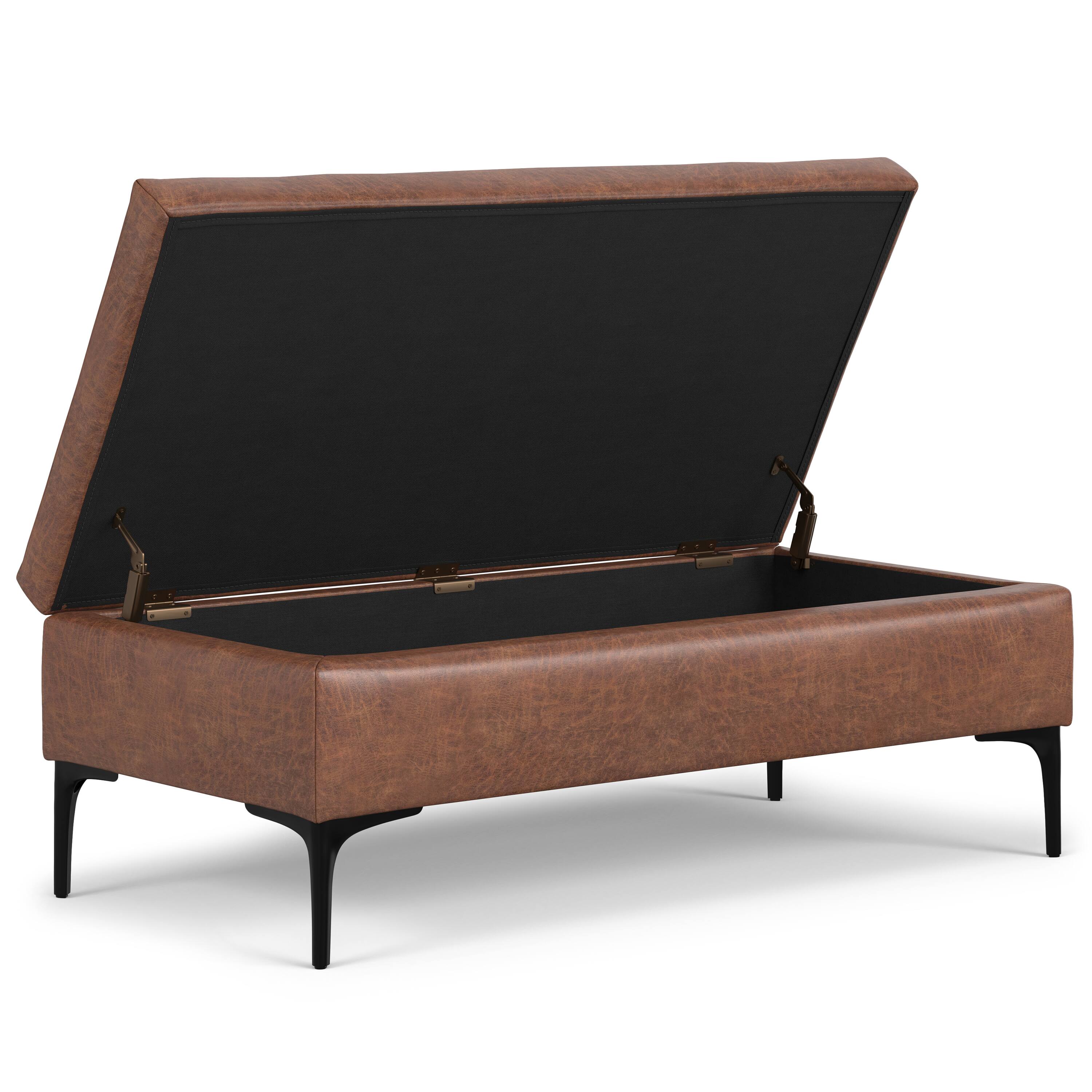 Back. Simpli Home - Rebecca 48 inch Mid Century Modern Storage Ottoman with Lift up Lid in Distressed Saddle Brown Faux Leather, Assembled - Distressed Saddle Brown.