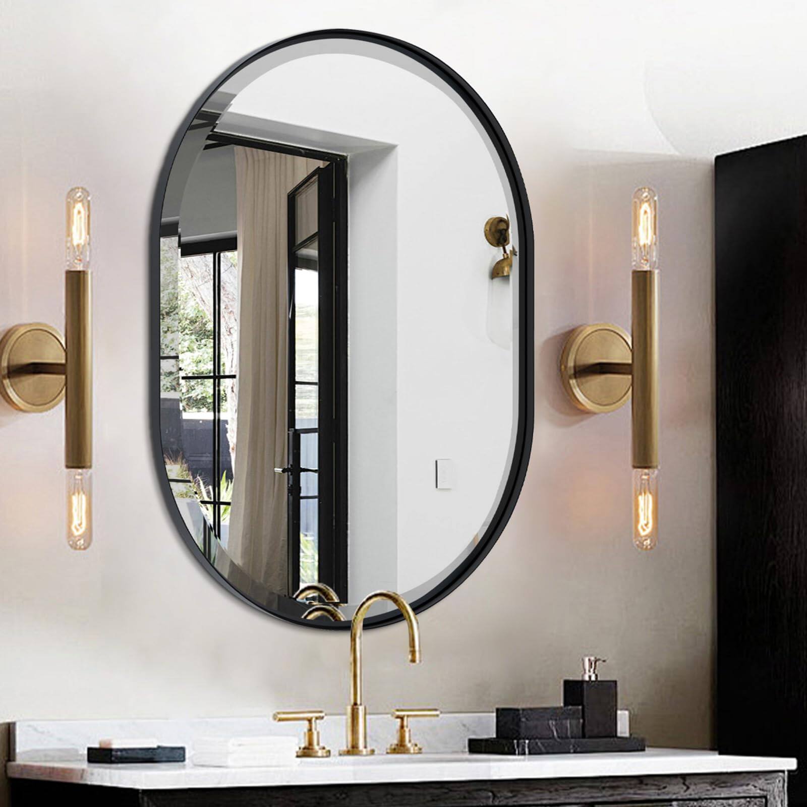 Front. Comfort Essence - Oval Mirror Beveled Scalloped 22"x30" Modern Rounded Rectangle Mirrors For Bathroom Vanity Wall In Stainl... - Black Oval-30"L x 22"W.