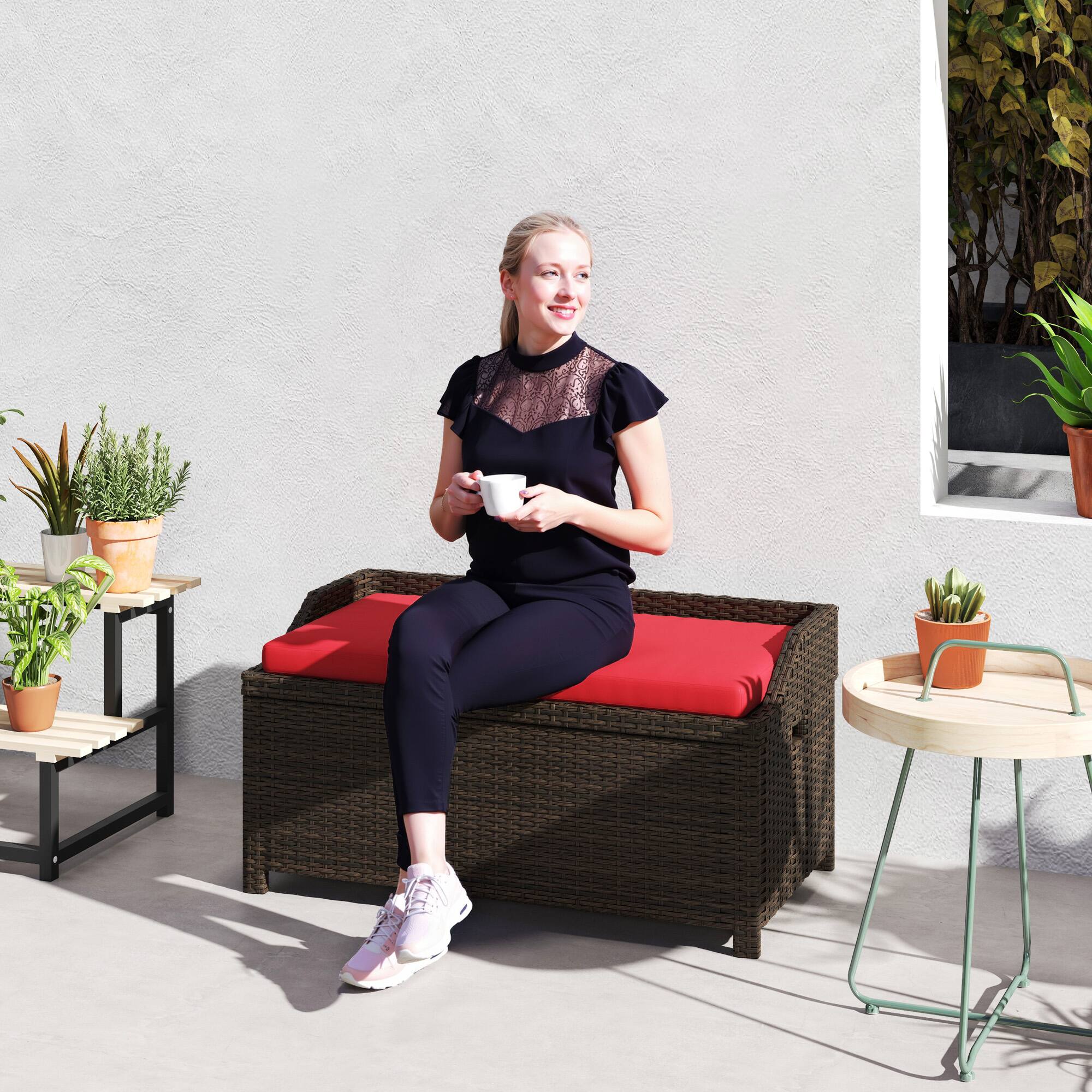 Alt View 1. Outsunny - 34 Gallon Outdoor Wicker Storage Bench Deck Box, PE Rattan Patio Furniture Pool Storage Bin Container - Red.