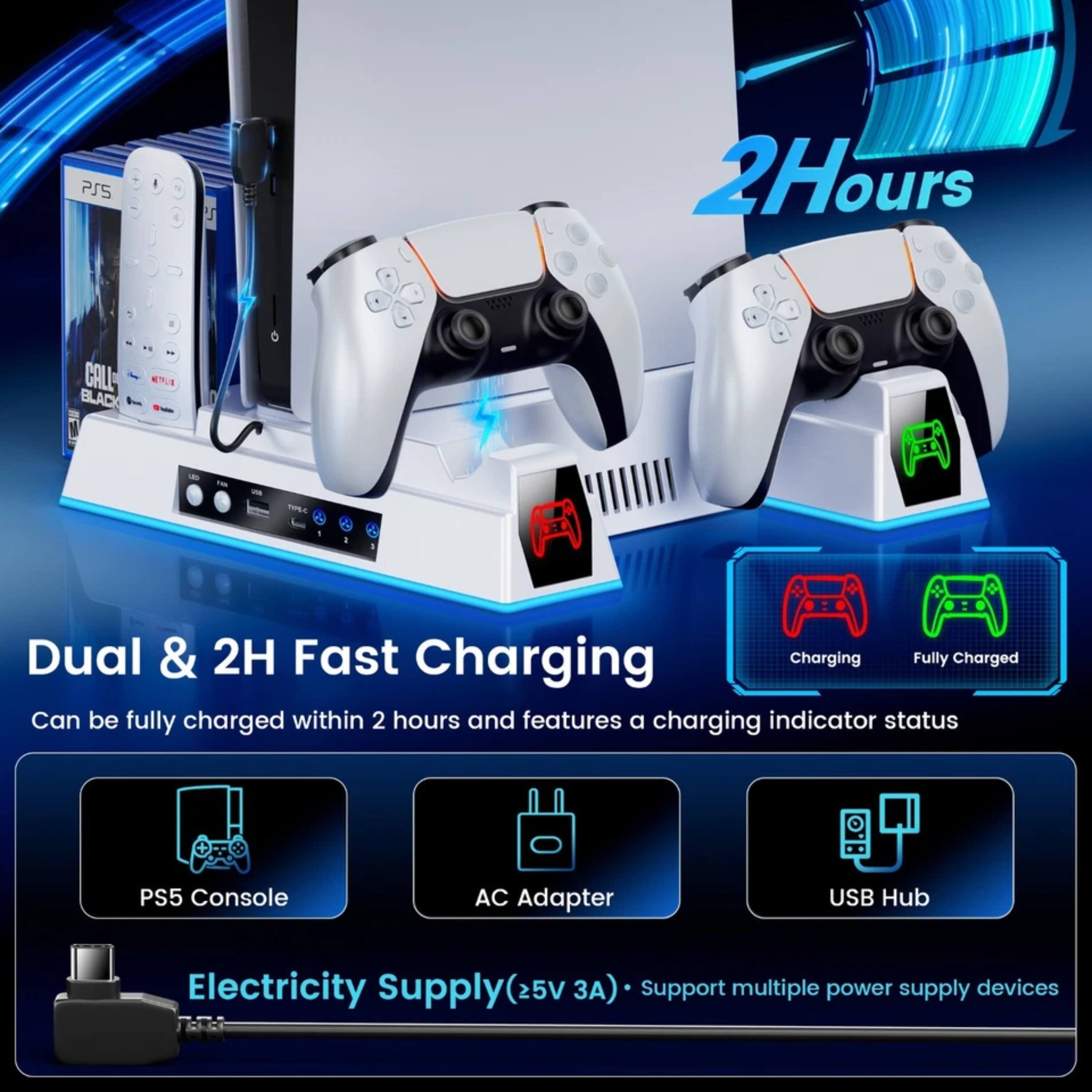 PSS 2Hours GALL BLAC H : Dual & 2H Fast Charging  
Can be fully charged within 2 hours and features a charging indicator status  
PS5 Console AC Adapter USB Hub Electricity Supply(25V 3A) Support multiple power supply devices
