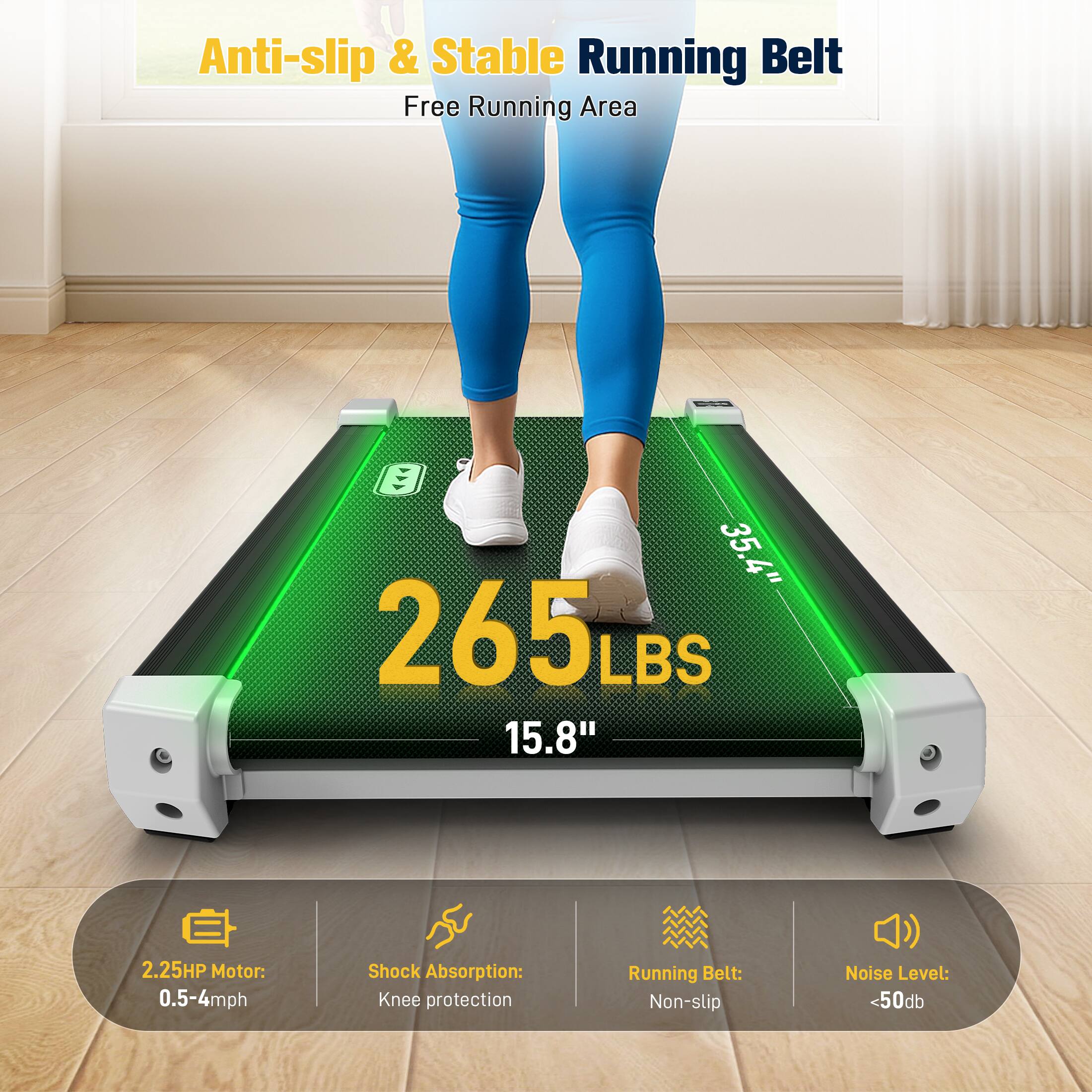 Anti-slip & Stable Running Belt, Free Running Area, 35.4", 15.8", 265 LBS, 2.25HP Motor: 0.5-4mph, Shock Absorption: Knee protection, Running Belt: Non-slip, Noise Level: <50db