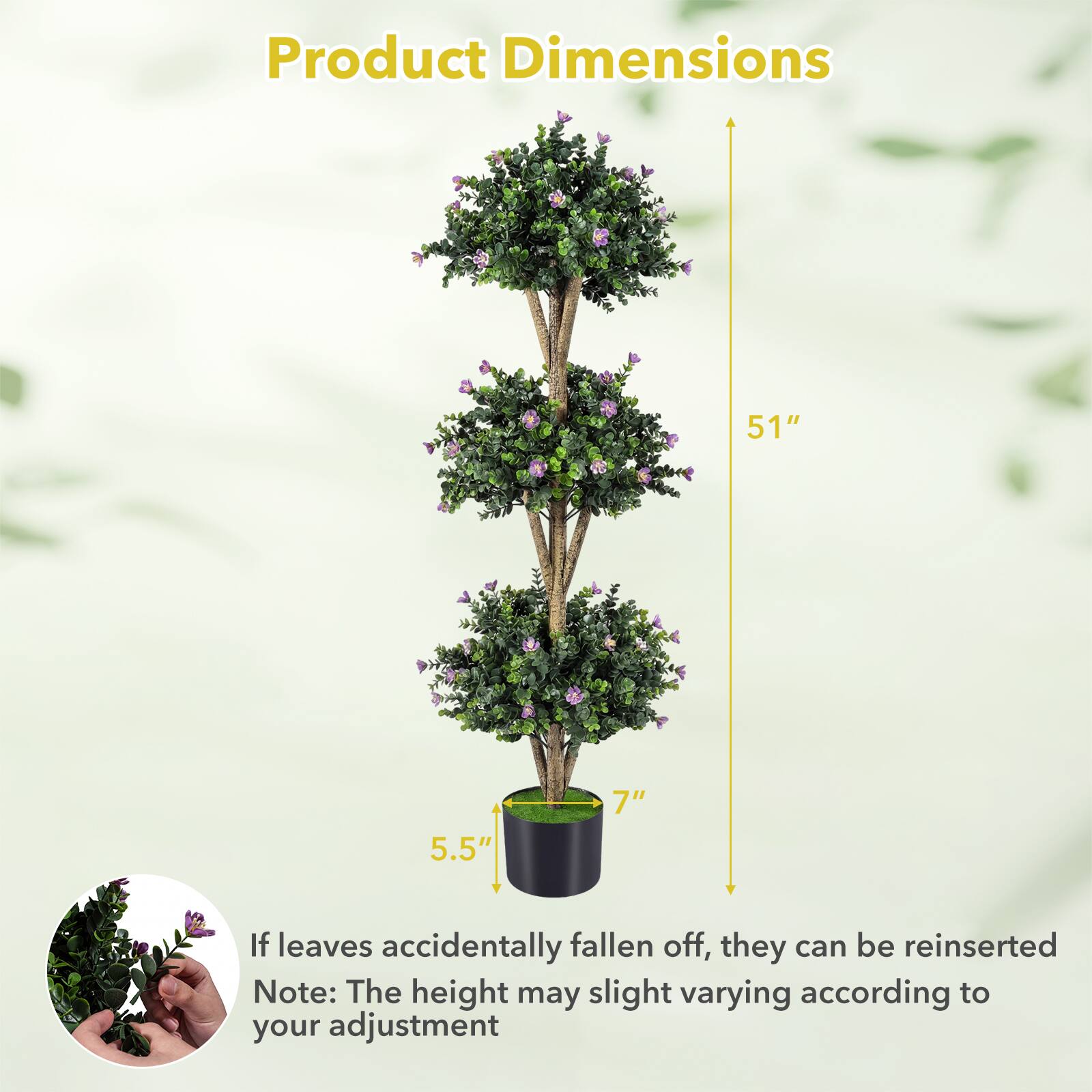 Product Dimensions  
51" x 5.5" x 7"  

If leaves accidentally fallen off, they can be reinserted  
Note: The height may slightly vary according to your adjustment