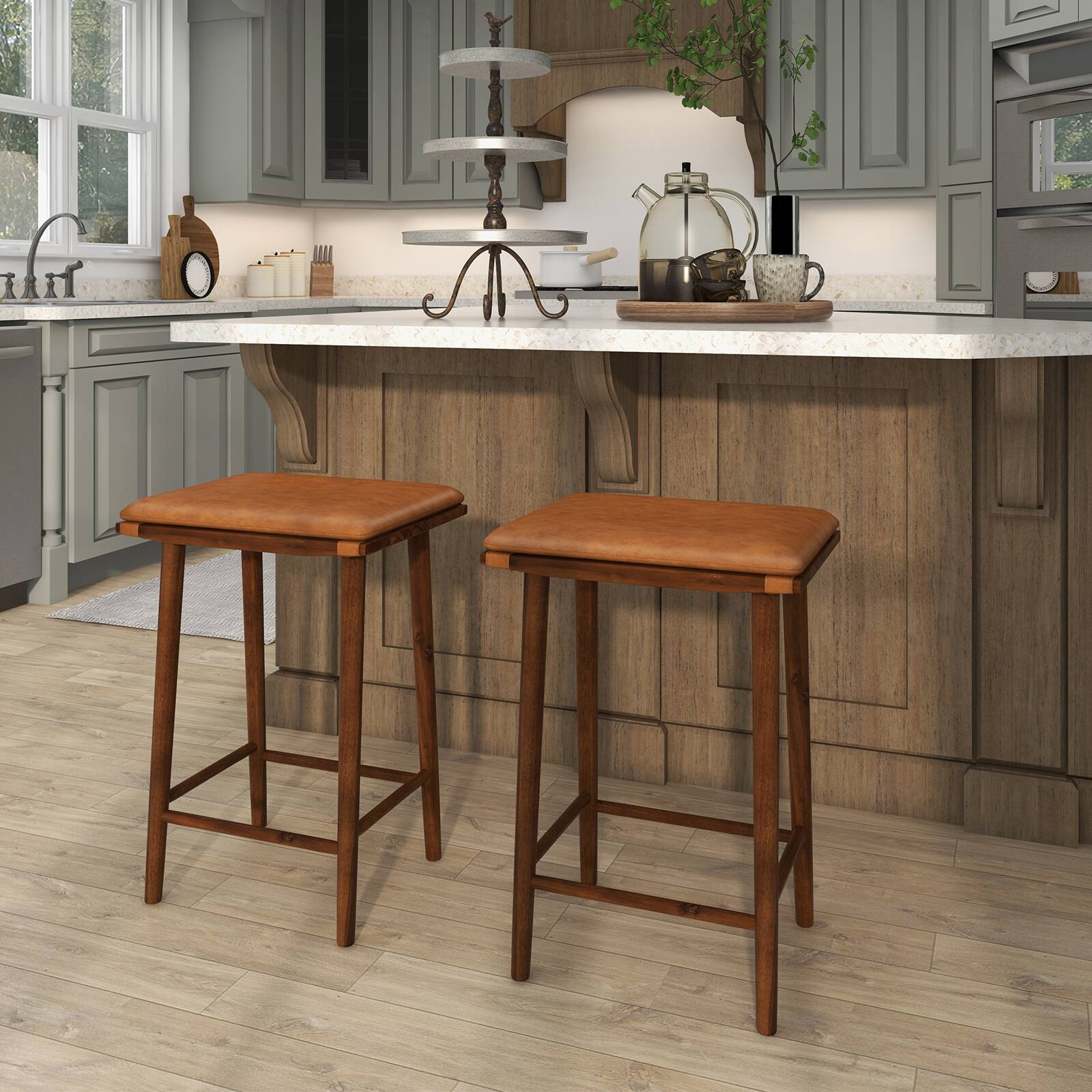 Alt View 1. Costway - Costway 25.5" Barstool Set of 2 Dining Barstools w/ Footrest & Removable Cushion Rubber Wood & Acacia Wood Frame - Brown.