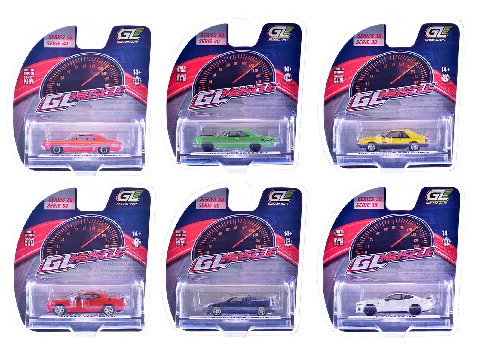 SERIES 30  
SERIE 30  
GL  
GREENLIGHT  

LIMITED EDITION  
1:64 METAL CAST  
14+  

GL MUSCLE  

1969 MERCURY COUGAR ELIMINATOR  

1970 PLYMOUTH ROAD RUNNER  

1969 FORD MUSTANG COBRA FACTORY  

1962 CONCORDE STORMAR CONVERTIBLE  

2016 FORD MUSTANG