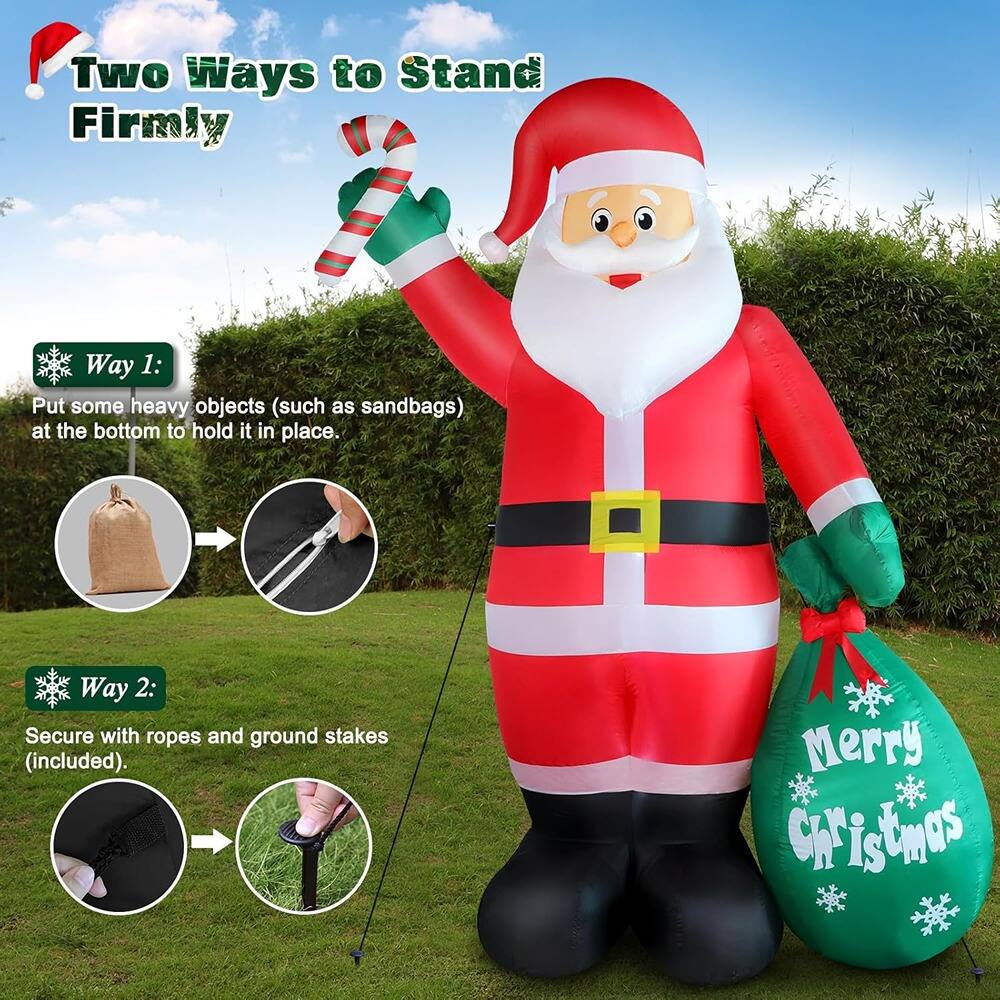 Two Ways to Stand Firmly

Way 1:
Put some heavy objects (such as sandbags) at the bottom to hold it in place.

Way 2:
Secure with ropes and ground stakes (included).

Merry Christmas