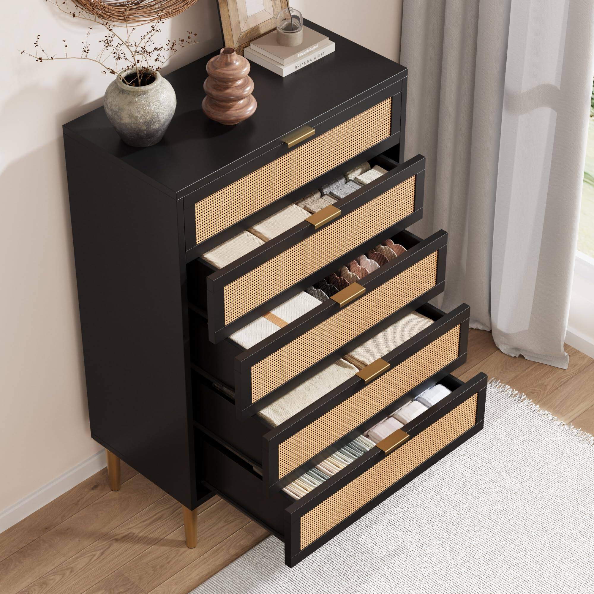 Back. GARVEE - Rattan 5 Drawer Dresser, 44'' Tall Narrow Chest, Farmhouse Vertical Dresser with Metal Legs and Handles - Black.