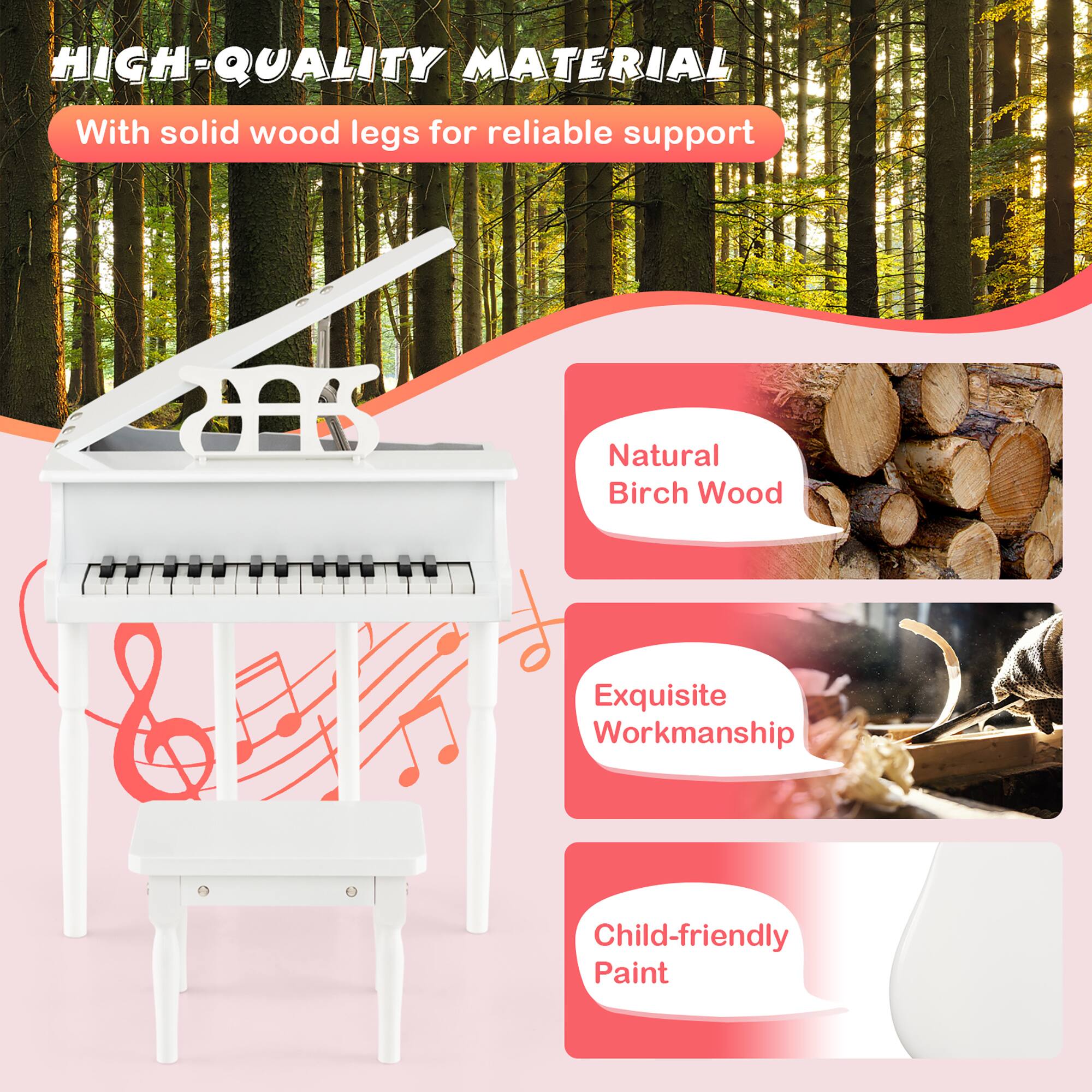 The text on the image is grouped and corrected as follows:

High-quality material with solid wood legs for reliable support. Natural birch wood. Exquisite workmanship. Child-friendly paint.