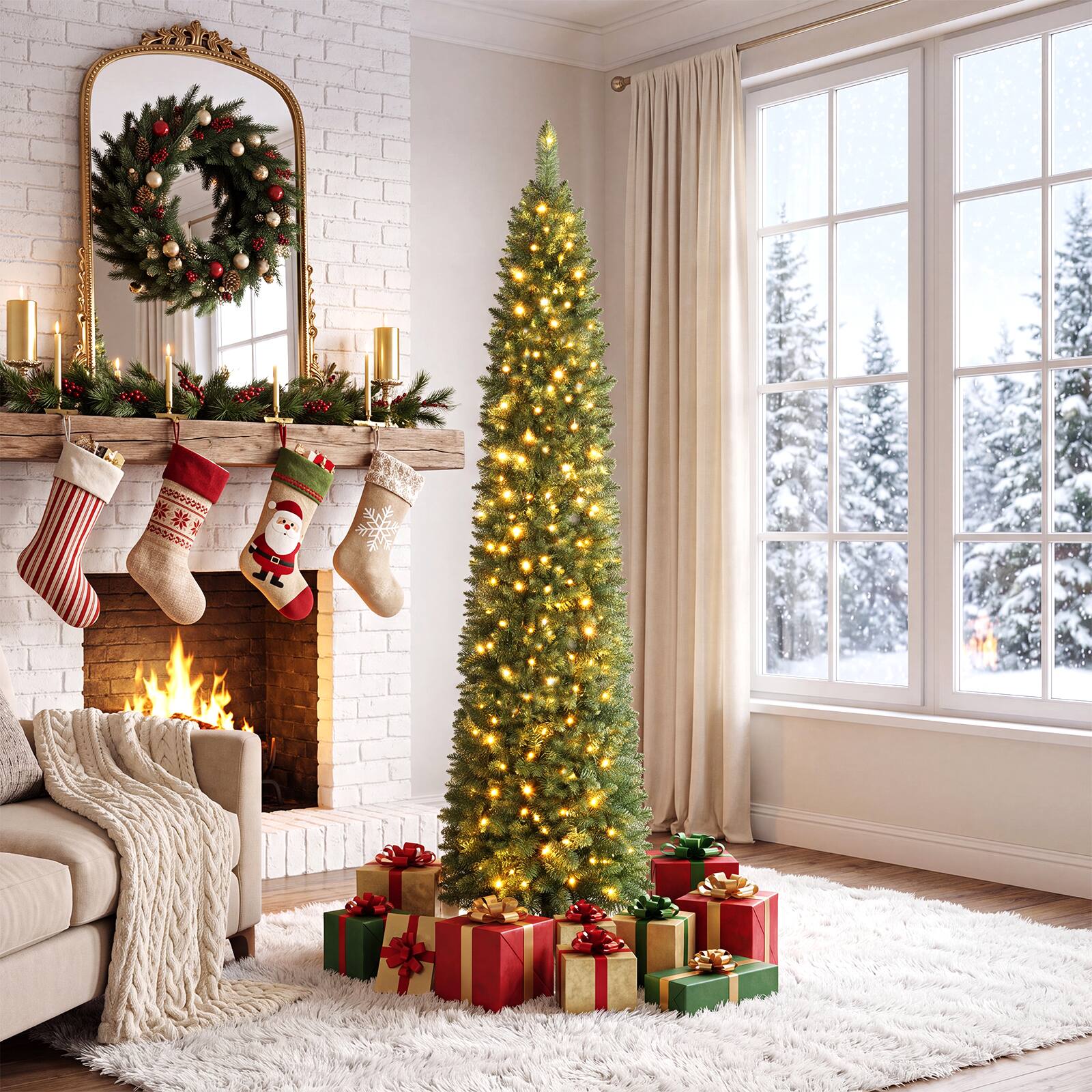 Alt View 4. Gymax - Gymax 6 FT Pre-Lit Artificial Christmas Tree, Realistic Slim Pencil Xmas Tree - Green.